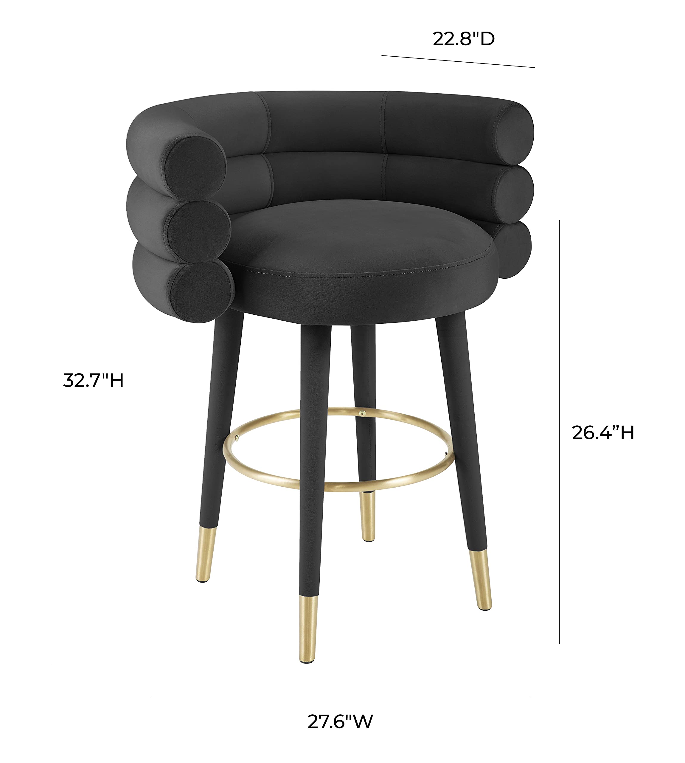 Tov Furniture Betty Stylish Velvet Upholstered Counter Stool with Gold Tipped Legs - Black Velvet Bar Stool for Kitchen Island, Breakfast Nook & Home Decor