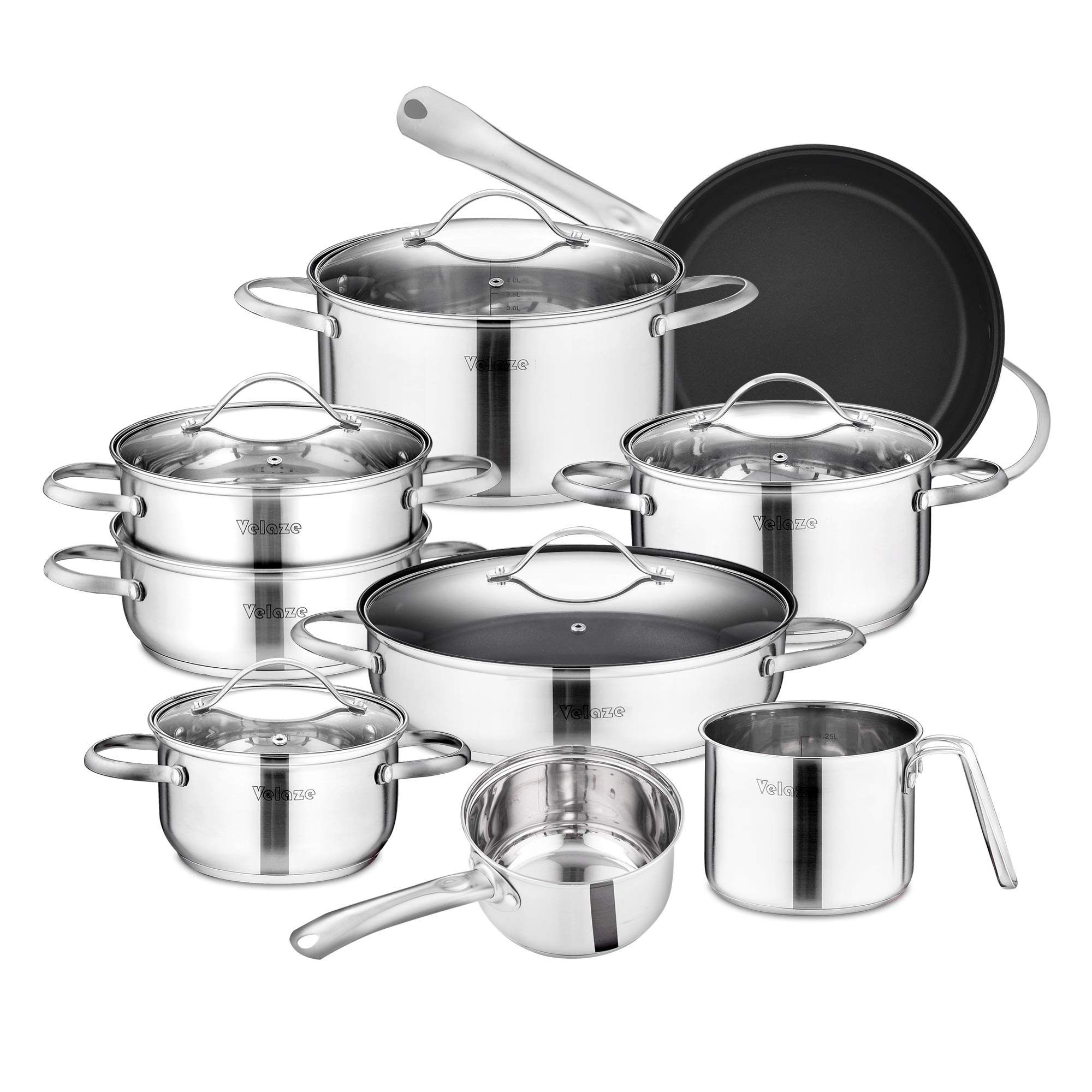 Velaze 14-Piece Stainless Steel Cookware Set with Glass Lids - Sauce Pan, Casserole, Milk Pot, Steamer & Fry Pan - Dishwasher Safe Silver Cookware for Professional & Home Cooking