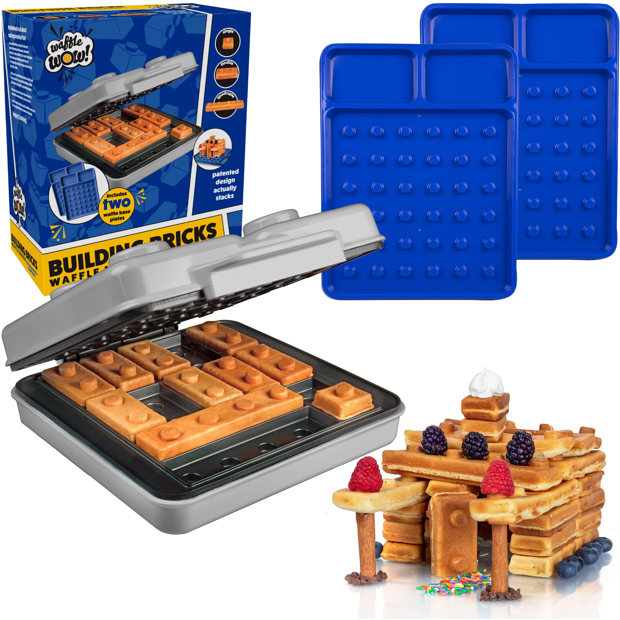 Building Brick Electric Waffle Maker - Grey with 2 Interchangeable Plates - Fast & Fun Waffle Maker for Kids & Adults - Perfect for Birthday Gifts, Family Breakfast & Creative Cooking - Stackable Waffles for Parties & Holiday Gatherings