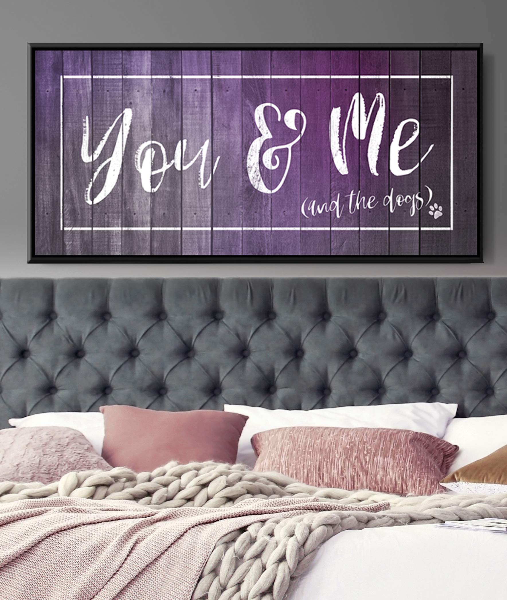 Dog Signs For Home Decor - You, Me And The Dogs Wall Art for Couples | Purple & Black Floating Frame 42x19 | Bedroom Wall Decor Above Bed | Unique Dog Lover Gift for Anniversary or Wedding