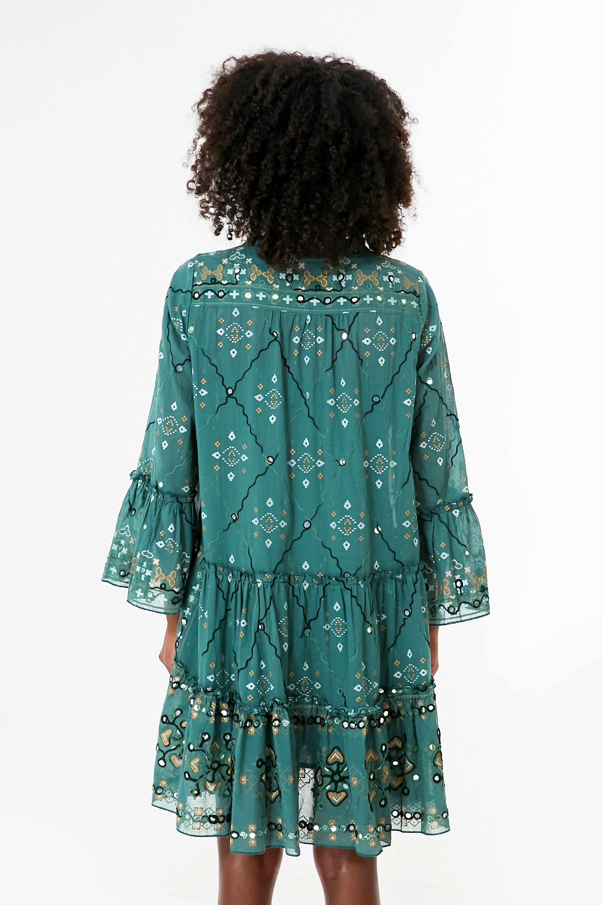 Elegant Green Mosaic Print Flared Sleeve Dress for Women | Vintage Inspired Party & Cocktail Dress | Perfect for Weddings, Date Nights and Special Occasions