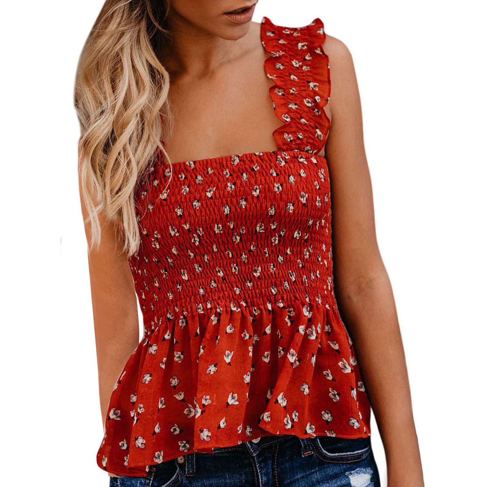 Women's Peplum Tank Tops - Floral Boho Smocked Blouse with Ruffles & Square Neck | Cute Summer T-Shirts for Casual Wear, Beach Outfits & Date Nights