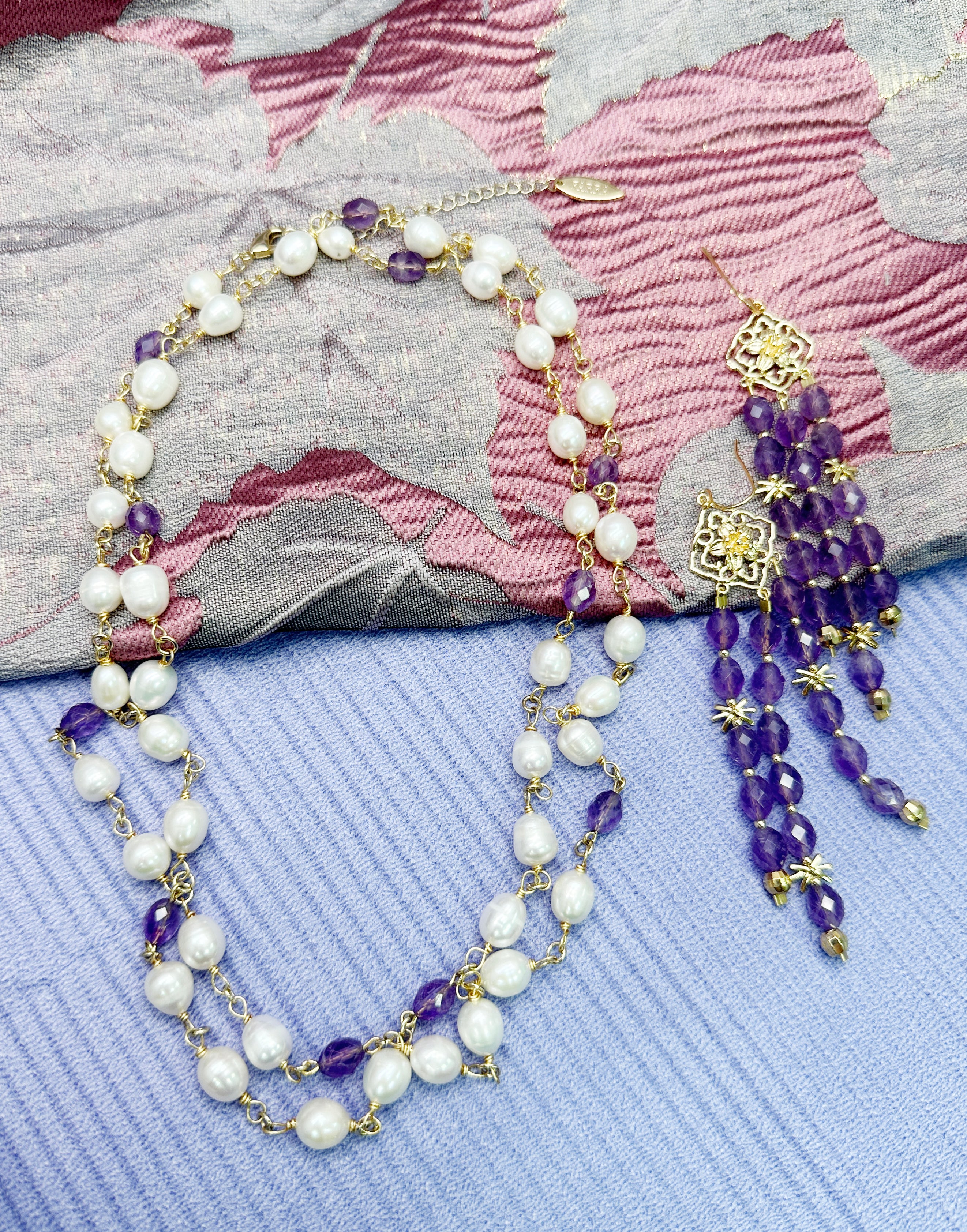 Elegant Freshwater Pearls & Purple Amethyst Long Necklace LN022 | Women's Boho Jewelry for Weddings, Parties & Special Occasions