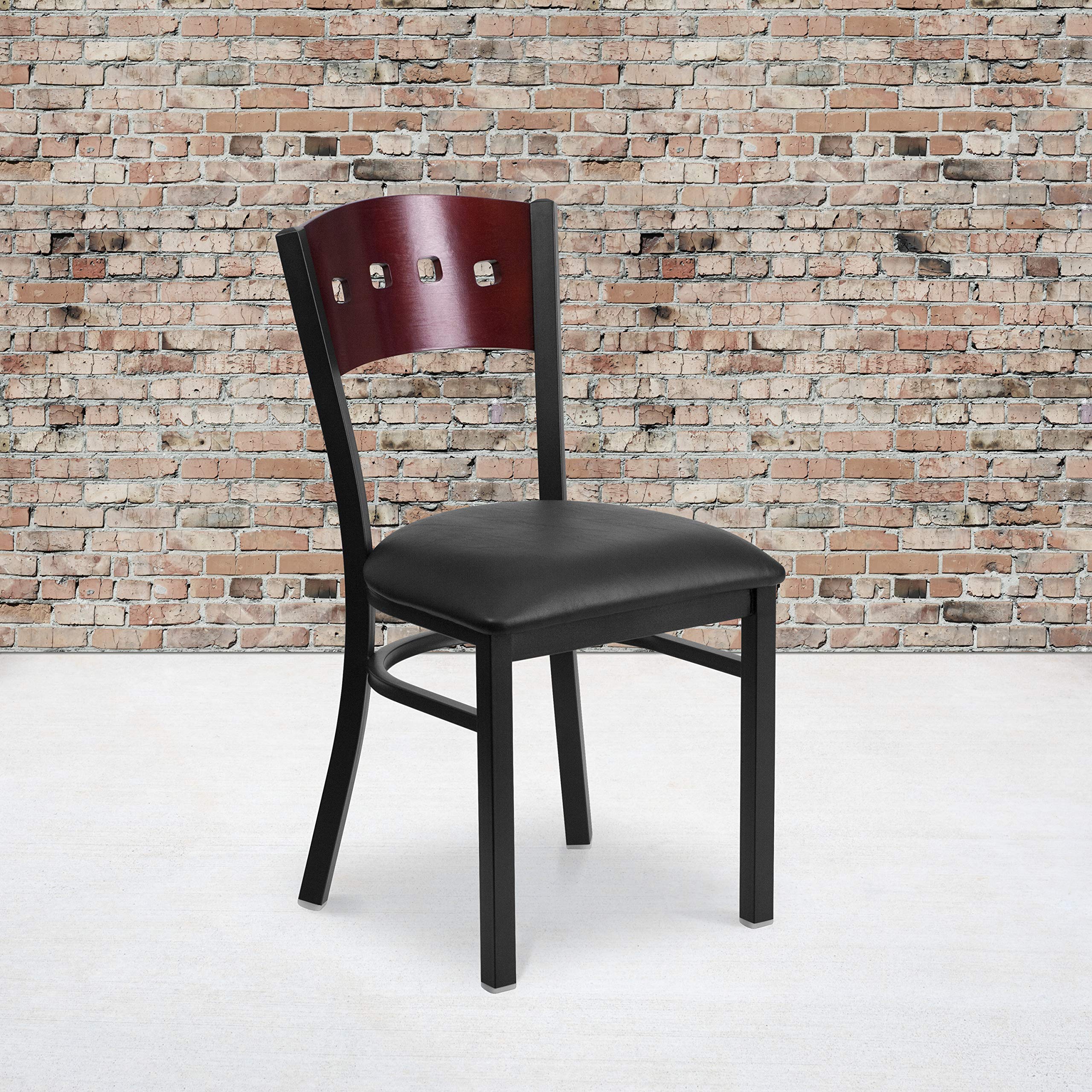 Flash Furniture HERCULES Series Black 4 Square Back Metal Restaurant Chair - Mahogany Wood Back, Black Vinyl Seat - Heavy Duty Commercial Dining Chairs for Restaurants, Cafes, and Bars