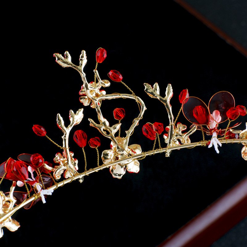 Enchanted Red Magic Flower Tiara Headband for Women - Elegant Boho Wedding Hair Accessory, Festival Crown, Fairy Costume, and Photo Shoot Prop
