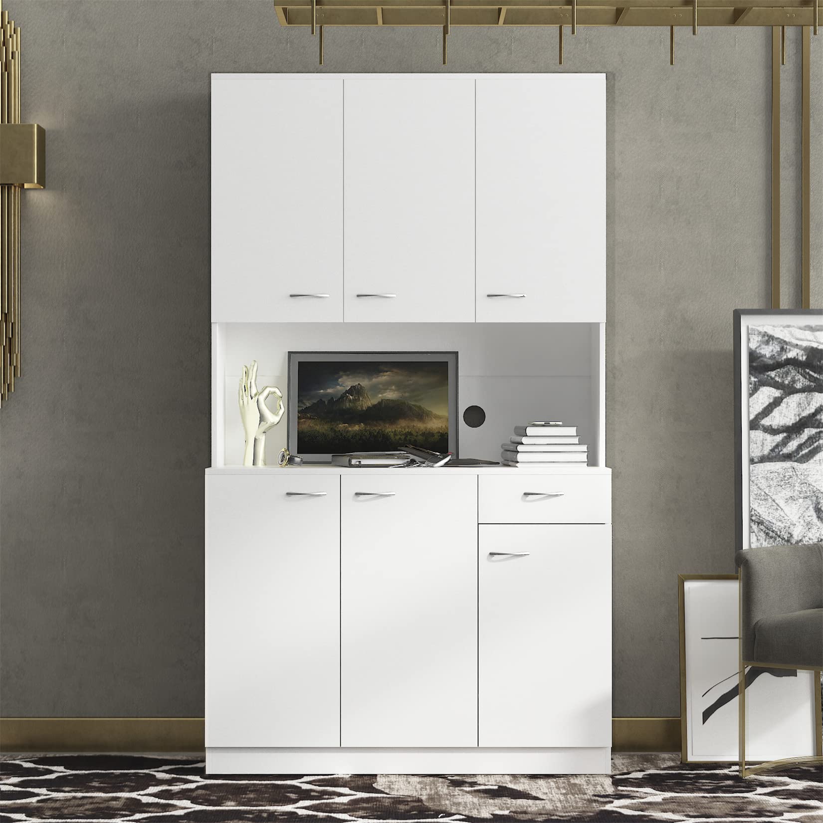 Bellemave 6-Door Kitchen Pantry Storage Cabinet with Adjustable Shelves, Freestanding Buffet Hutch & Microwave Stand with Drawer - White | Perfect for Home, Office & Small Space Organization