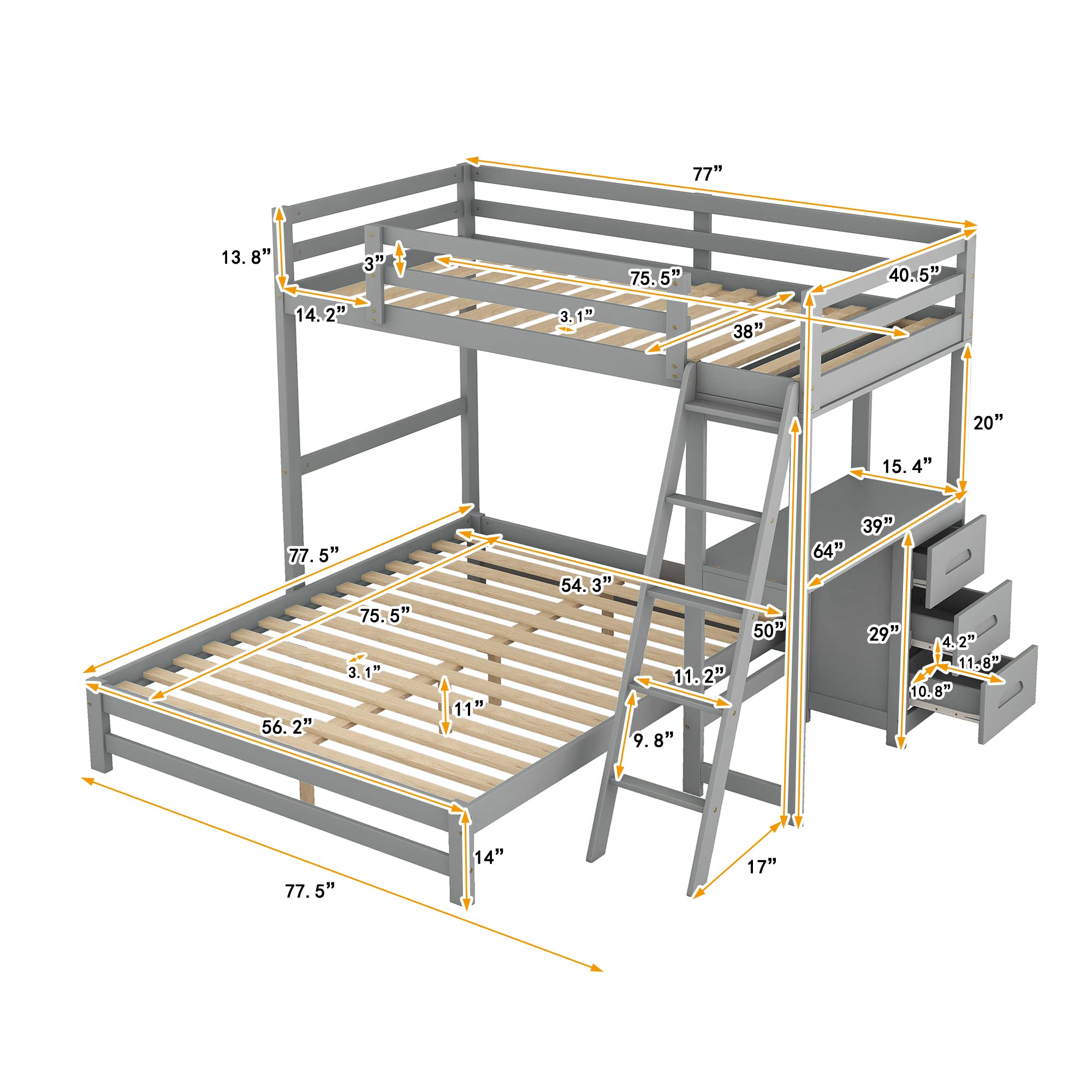 P PURLOVE Twin Over Full L-Shaped Wood Bunk Bed with Desk & Drawers - Kids Loft Bed with Removable Platform, No Box Spring Needed - Perfect for Small Bedrooms, Shared Kids Rooms & Space-Saving Solutions