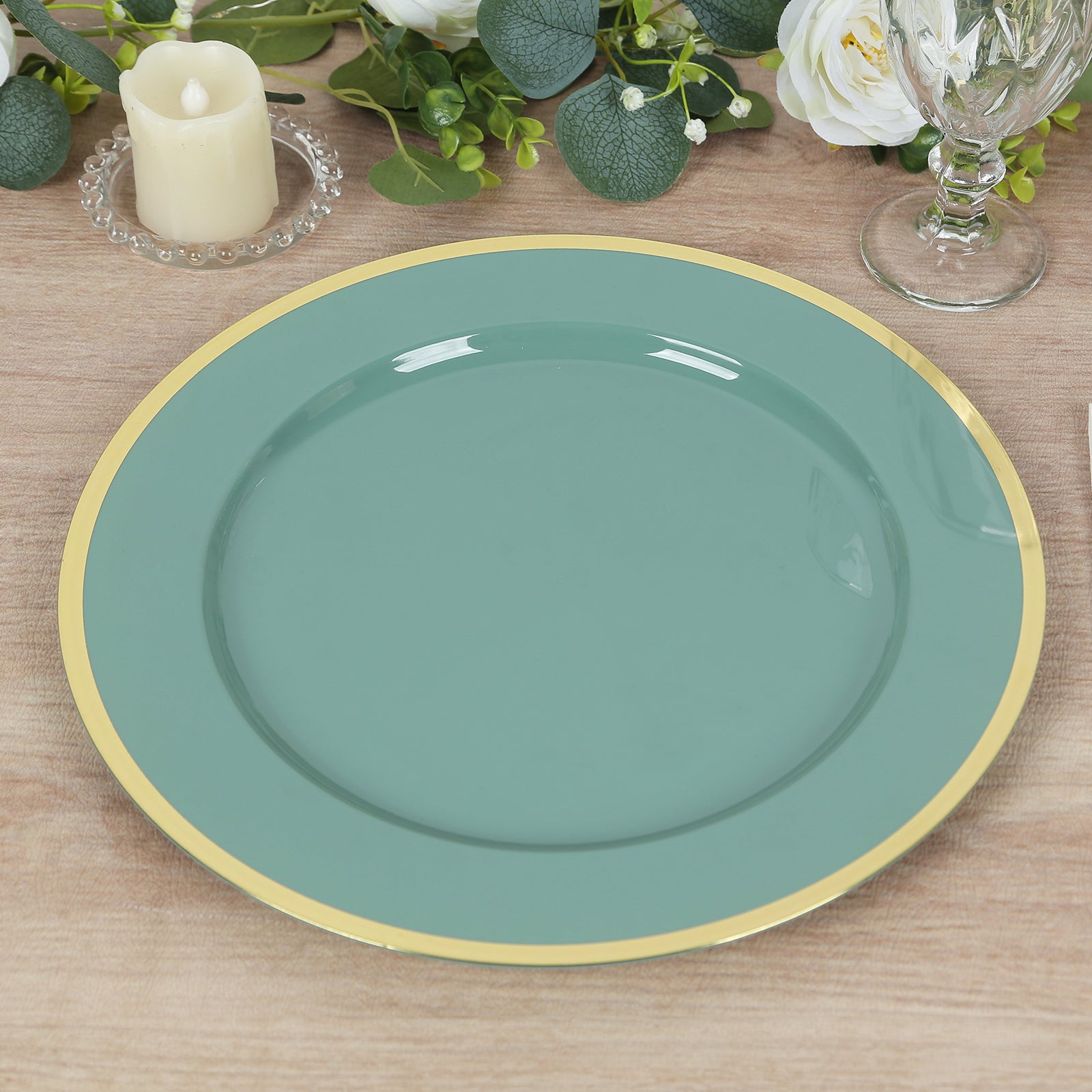 10 Pack 12-Inch Dusty Sage Green Plastic Charger Plates with Gold Rim - Elegant Decorative Dinner Plates for Weddings, Parties & Formal Events