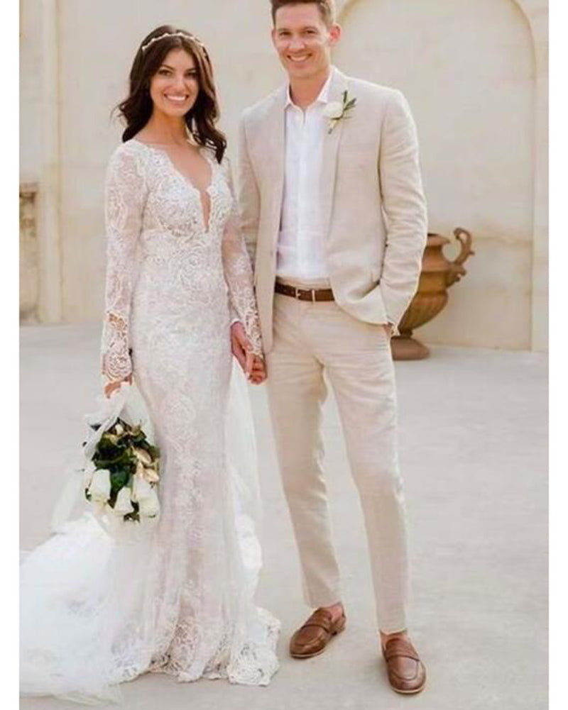 Men's Cream Beige Summer Linen Wedding Suit 2-Piece Set (Jacket + Pants) CB3522 - Perfect for Beach Weddings, Outdoor Ceremonies & Summer Formal Events