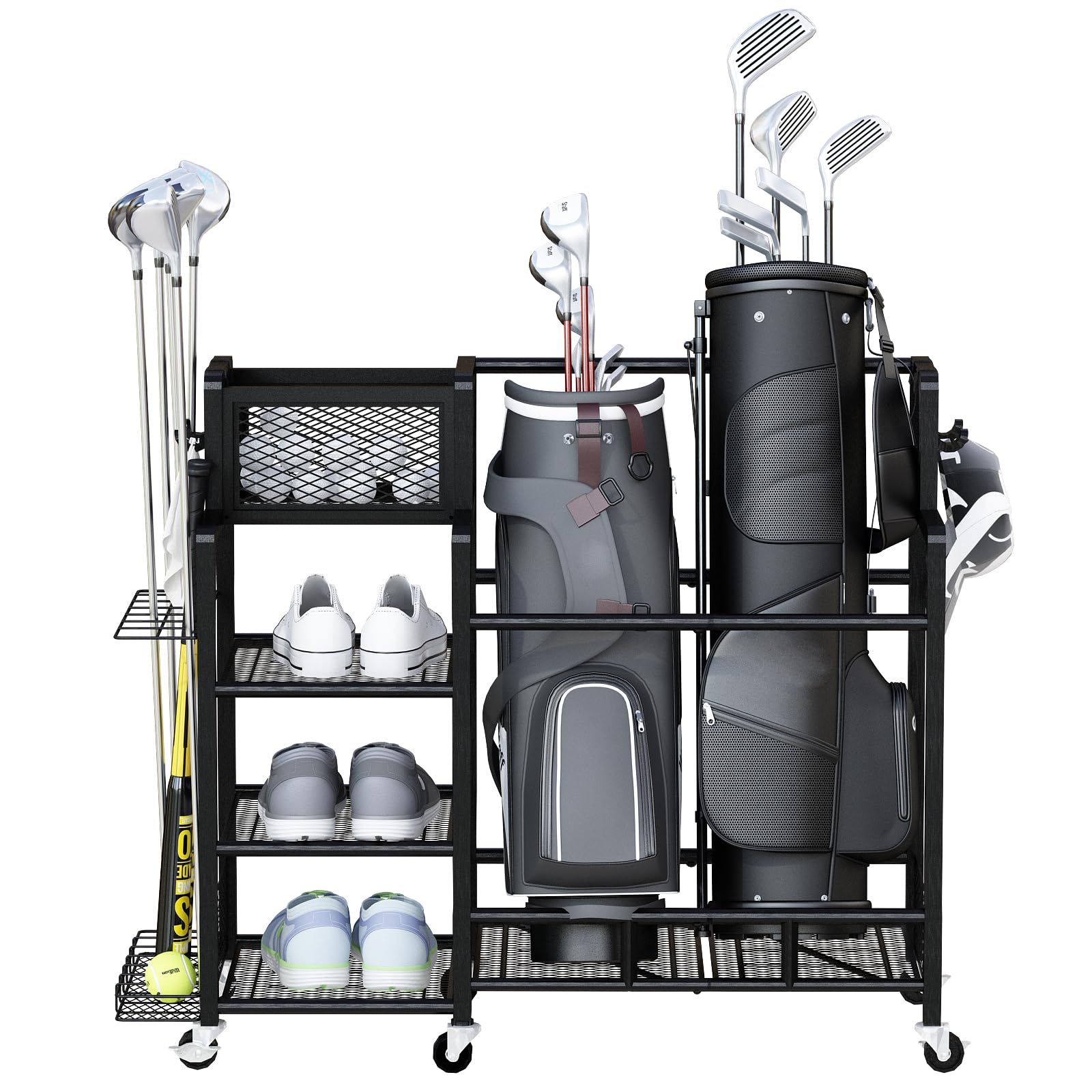 Recaceik Large Golf Storage Garage Organizer - Metal Golf Bag Stand with Wheels, Golf Club & Accessories Rack for Garage, Shed & Basement (Black) | Perfect for Golf Equipment Organization & Space Saving