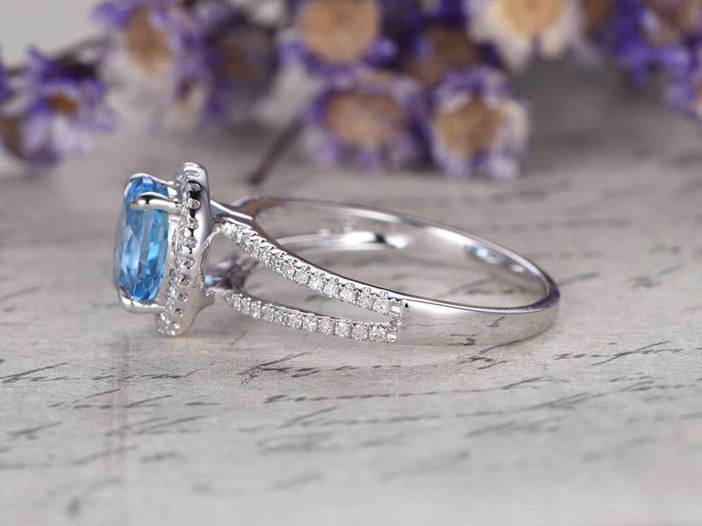 14K White Gold Sky Topaz and Diamond Engagement Ring, 6x8mm Custom Bridal Wedding Promise Ring, Handcrafted Fine Jewelry with Prong Setting - Perfect for Proposals, Anniversaries, and Special Occasions