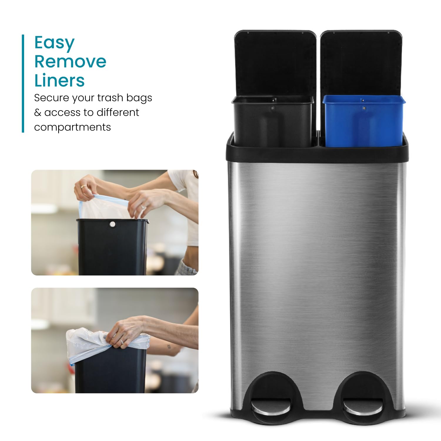 15.8 Gallon Stainless Steel Kitchen Trash Can with Dual Removable Liners - Perfect for Recycling & Waste Separation | Ideal for Modern Kitchens, Offices & Eco-Friendly Homes