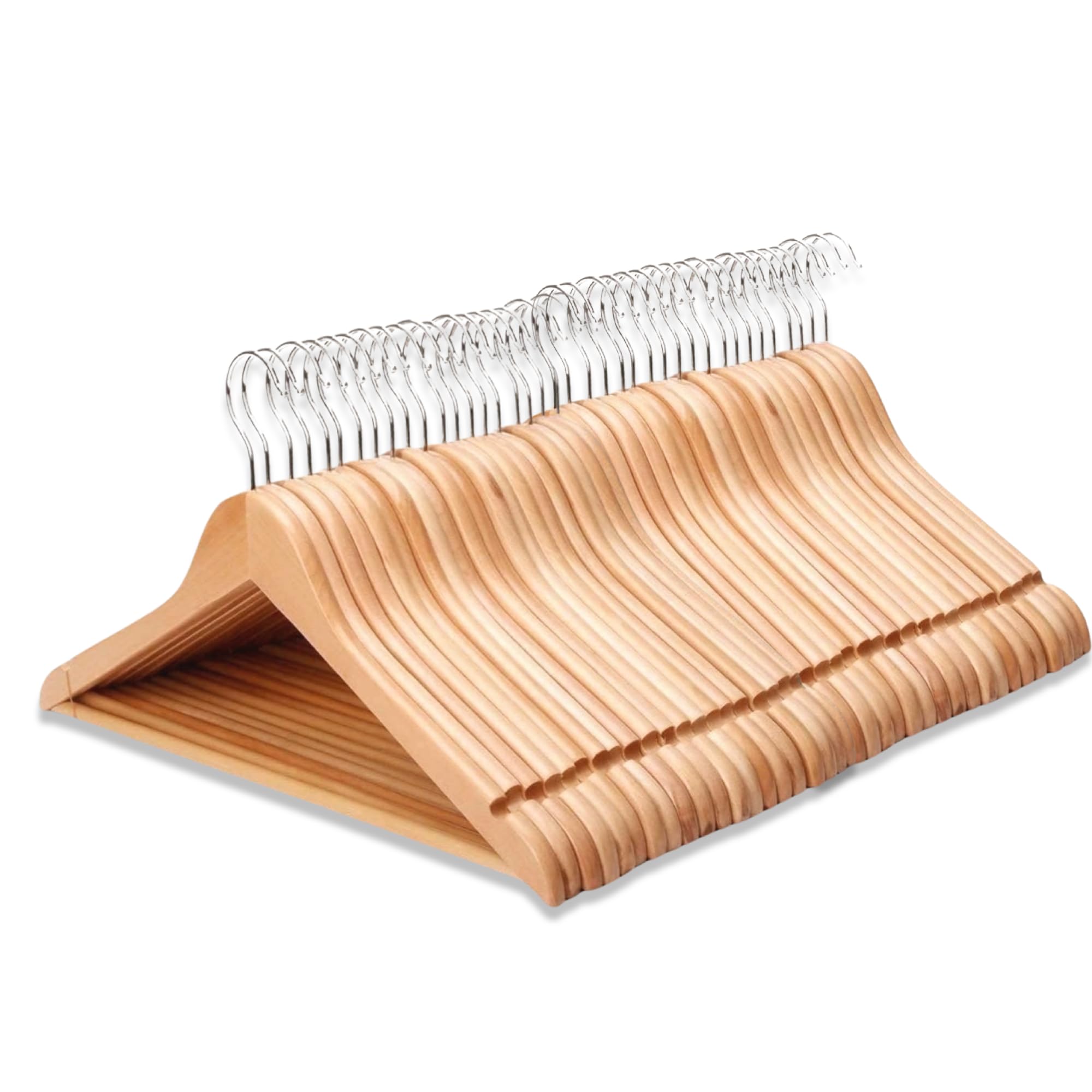 Premium Natural Wooden Hangers with Non-Slip Trouser Bar - Heavy Duty Shoulder Notches for Wardrobe Organization (Pack of 40) - Ideal for Closet Storage, Suits, Coats & Pants