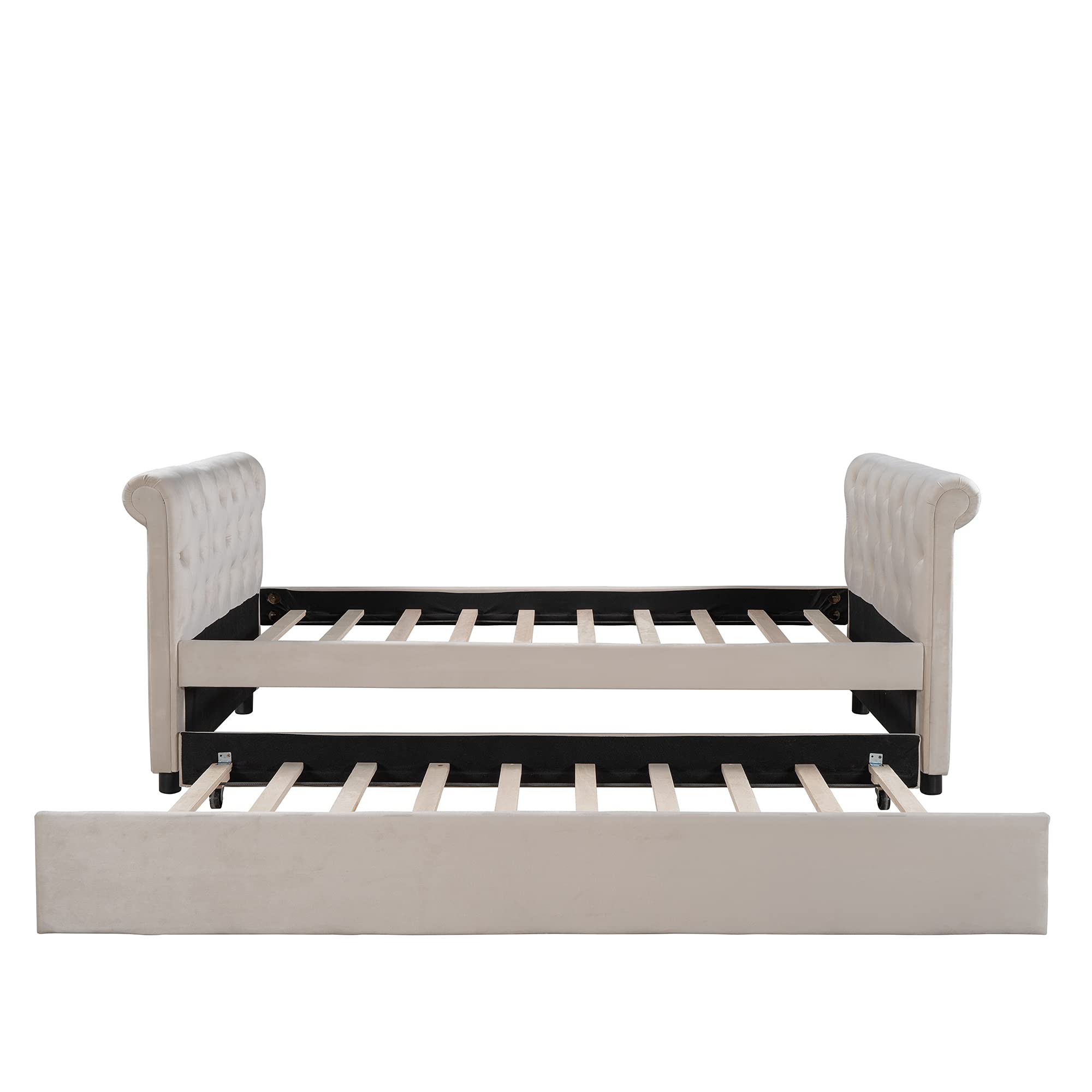 Double Upholstered Day Bed with Trundle - Tufted Curved Arm Sofa Bed with Wood Slat Support - Convertible Guest Bed for Living Room, Bedroom & Small Spaces (Beige) - Perfect for Overnight Guests, Reading Nook & Space-Saving Solutions