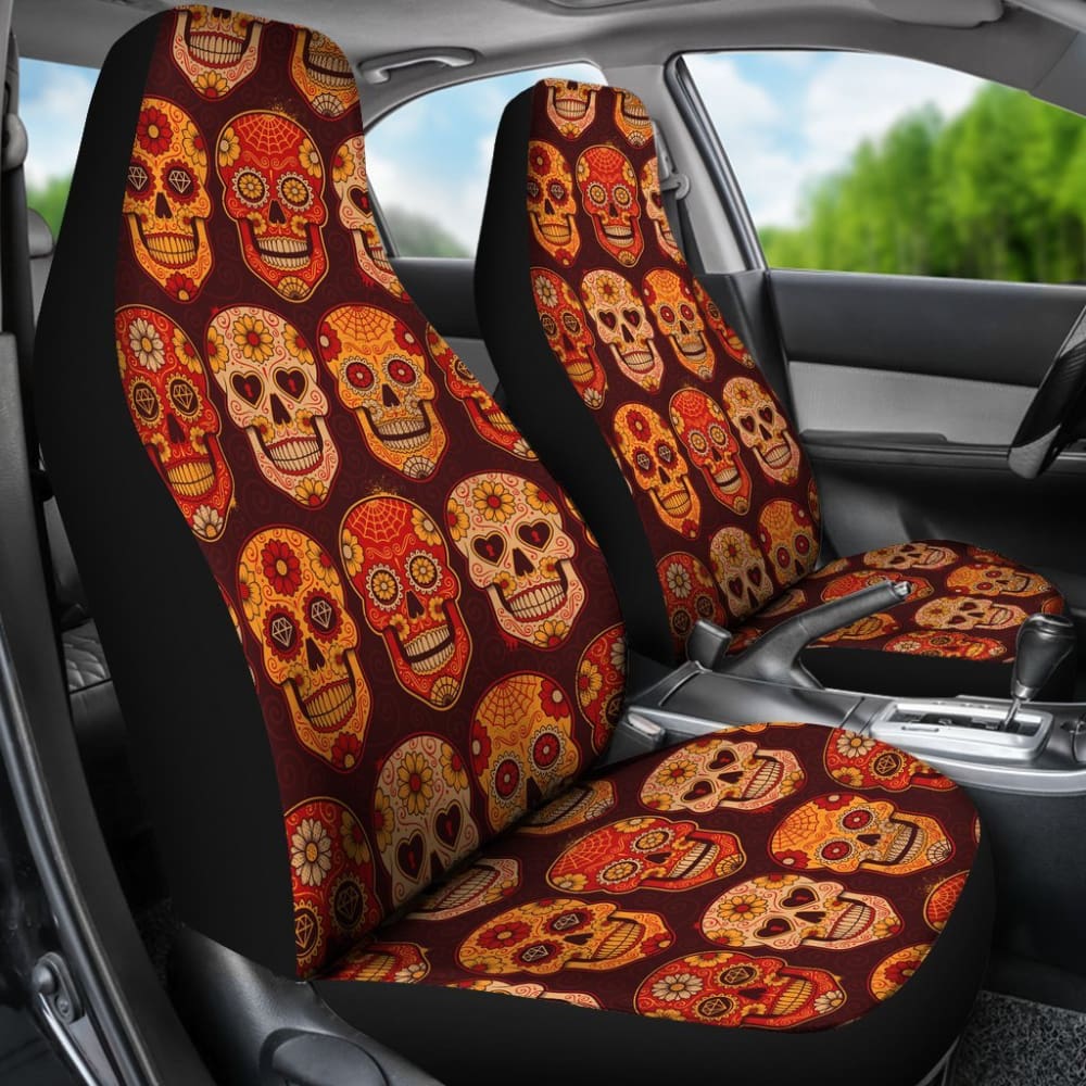 2 Pcs Sugar Skull Car Seat Covers - Universal Fit for Cars, Trucks & SUVs - Halloween Dia de Los Muertos Decor - Protects Seats from Stains & Spills