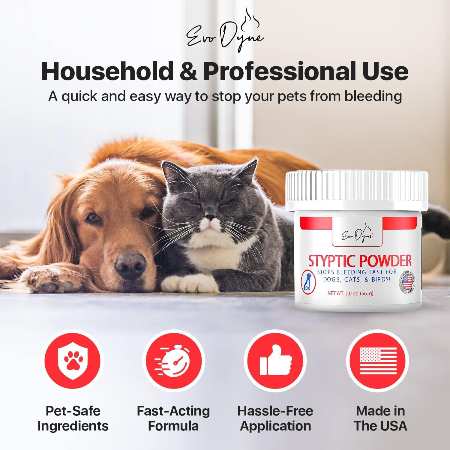 Evo Dyne 2-Pack Styptic Powder for Dogs, Cats & Birds (2 oz) | Fast-Acting Pet Blood Stop Powder | Quick Stop Bleeding Solution for Nail Clipping, Grooming, Cuts & Wounds | Perfect for Home Pet Care & Emergency First Aid