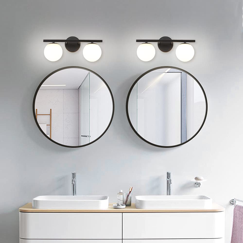 Modern Brushed Black Bathroom Vanity Light Fixtures with Milk White Globe Glass Shade - Wall Sconce for Mirror Lighting, Perfect for Contemporary Home Decor and Spa-Like Ambience