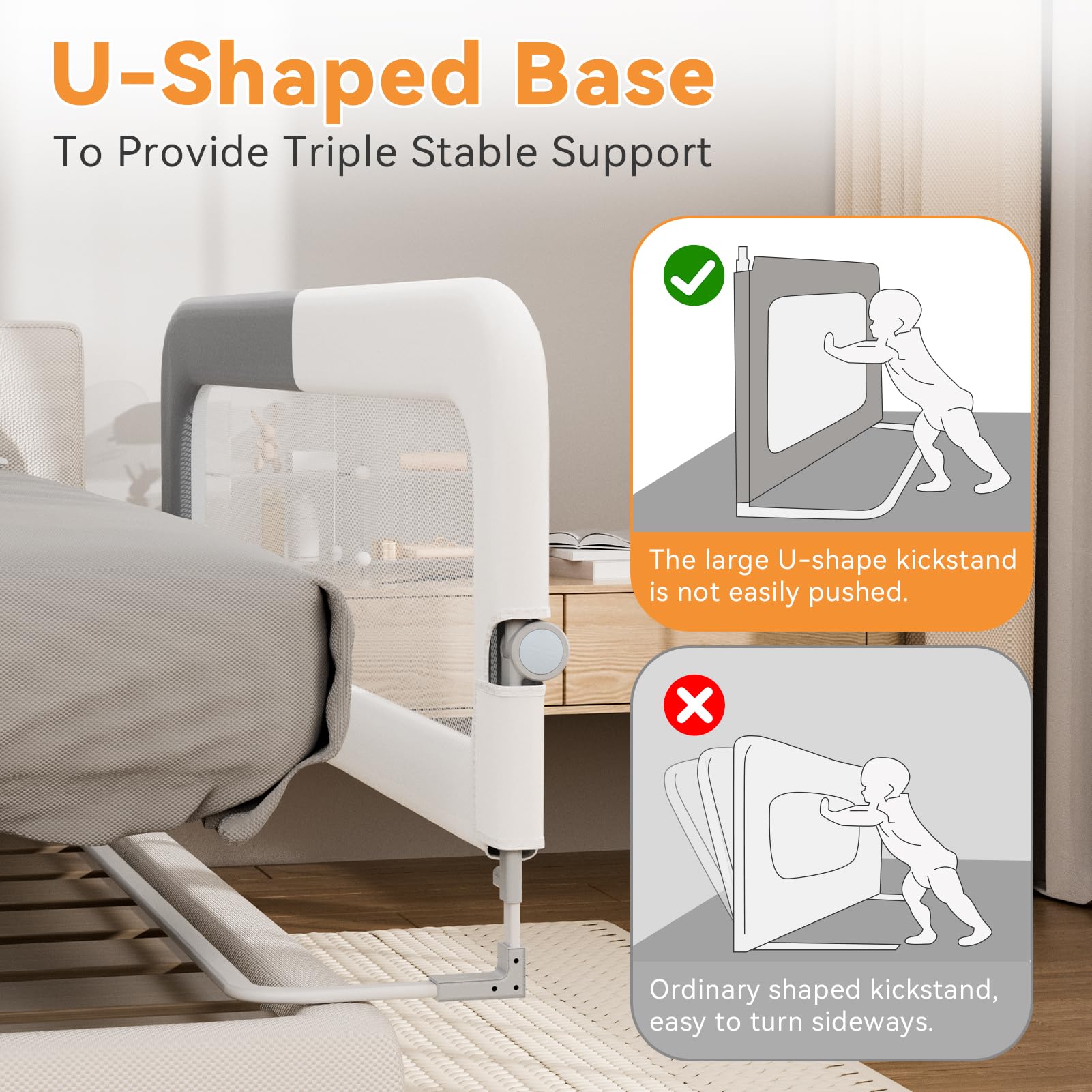 Toddler Bed Rail with U-Shaped Base - Safety Guardrail for Kids, Foldable & Sturdy Bedside Protection (78.74
