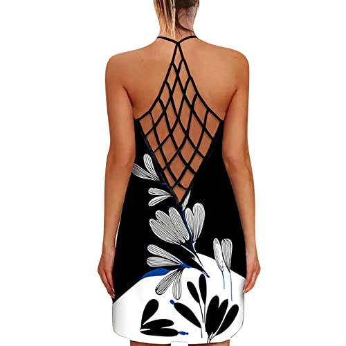 Sexy Hollow Out Backless Mini Dress for Women - Flowy Sleeveless O-Neck Summer Sundress with Fashion Print | Beach Vacation, Hawaiian Party, Night Out & Date Night Outfits | White