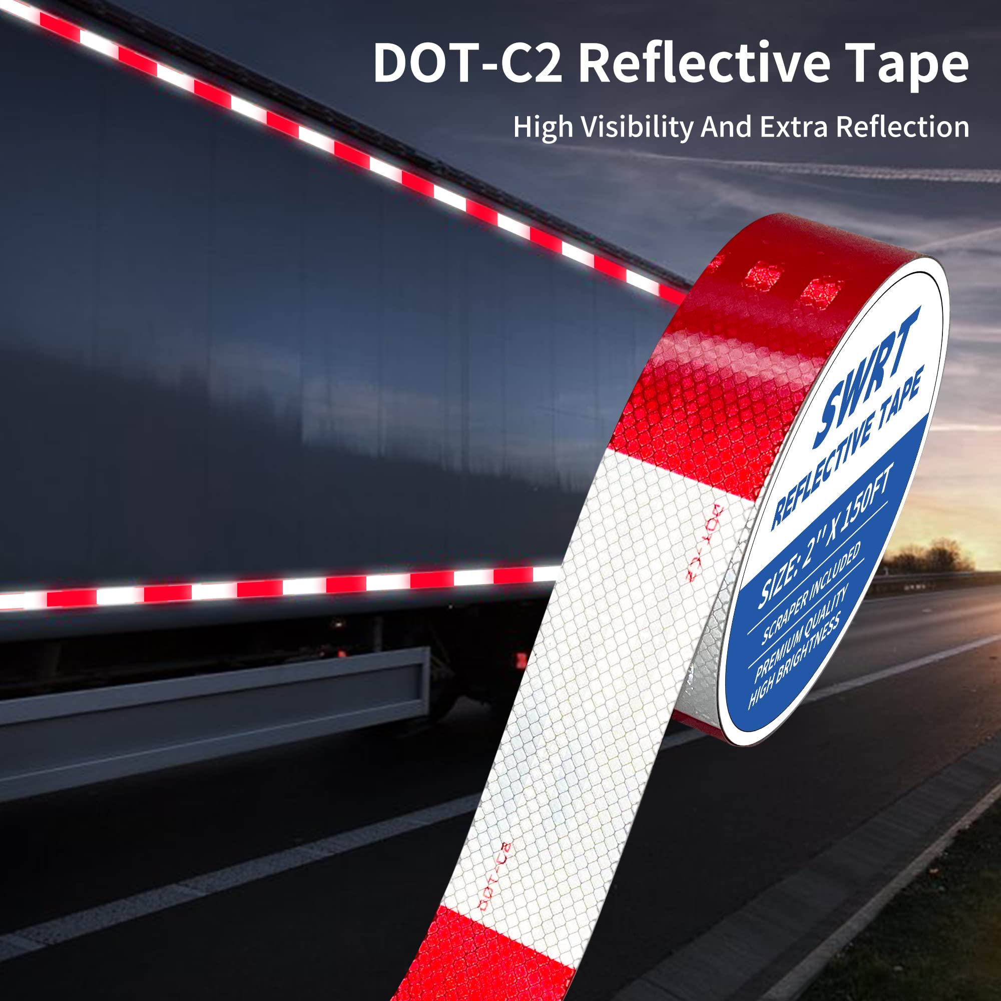 SWRT DOT-C2 Red & White Reflective Tape - 2 Inch x 200 Feet Waterproof Safety Tape with Strong Adhesive for Vehicles, Trailers, Boats & Road Signs | High Visibility Warning Tape for Night Safety & Outdoor Conspicuity | Perfect for Emergency Markings, Construction Zones & Hazard Warnings