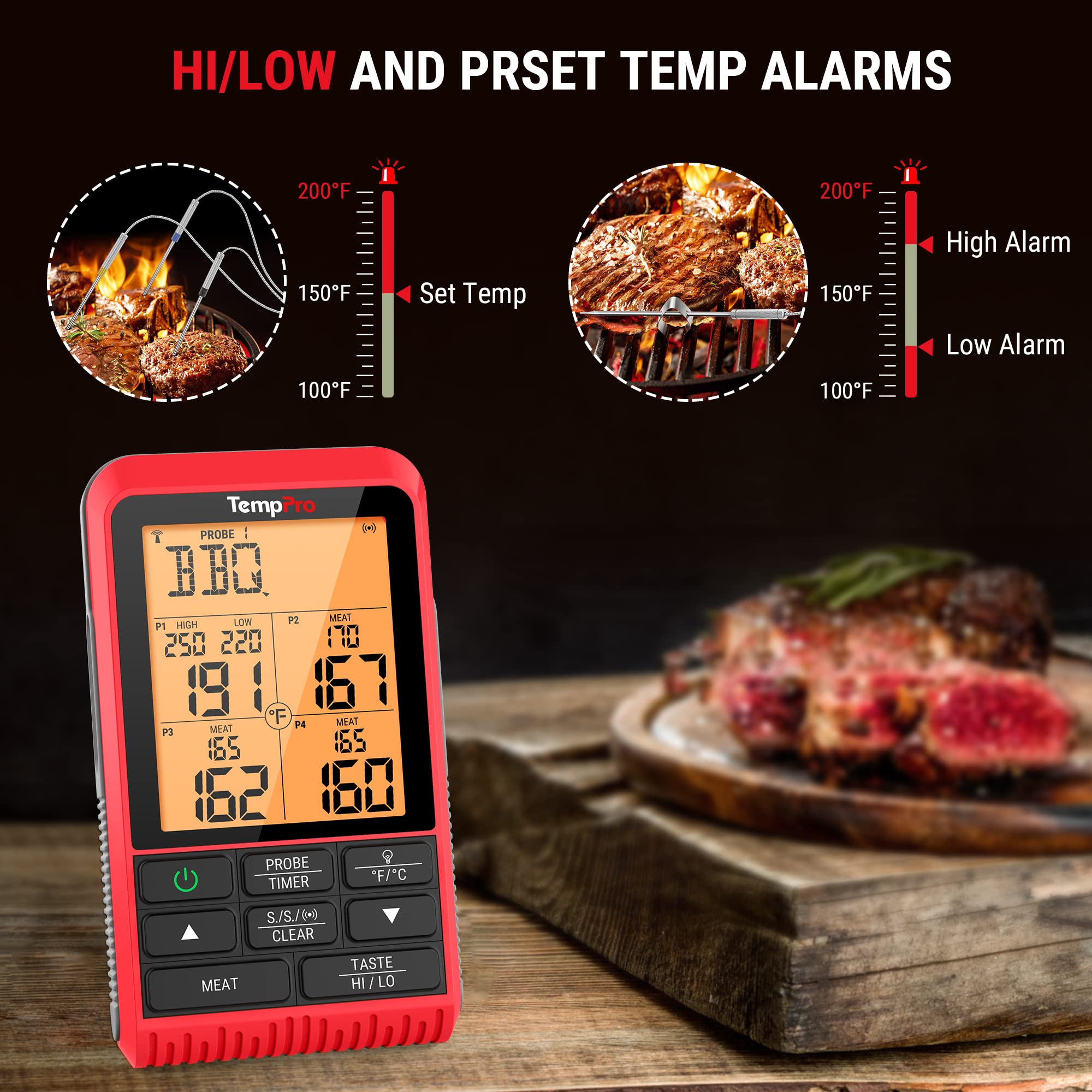 H29 Wireless Meat Thermometer with 4 Probes - 1000FT Range Digital BBQ Smoker Thermometer for Grilling, Smoking, Oven & Grill - Perfect for Backyard BBQ, Camping & Home Cooking