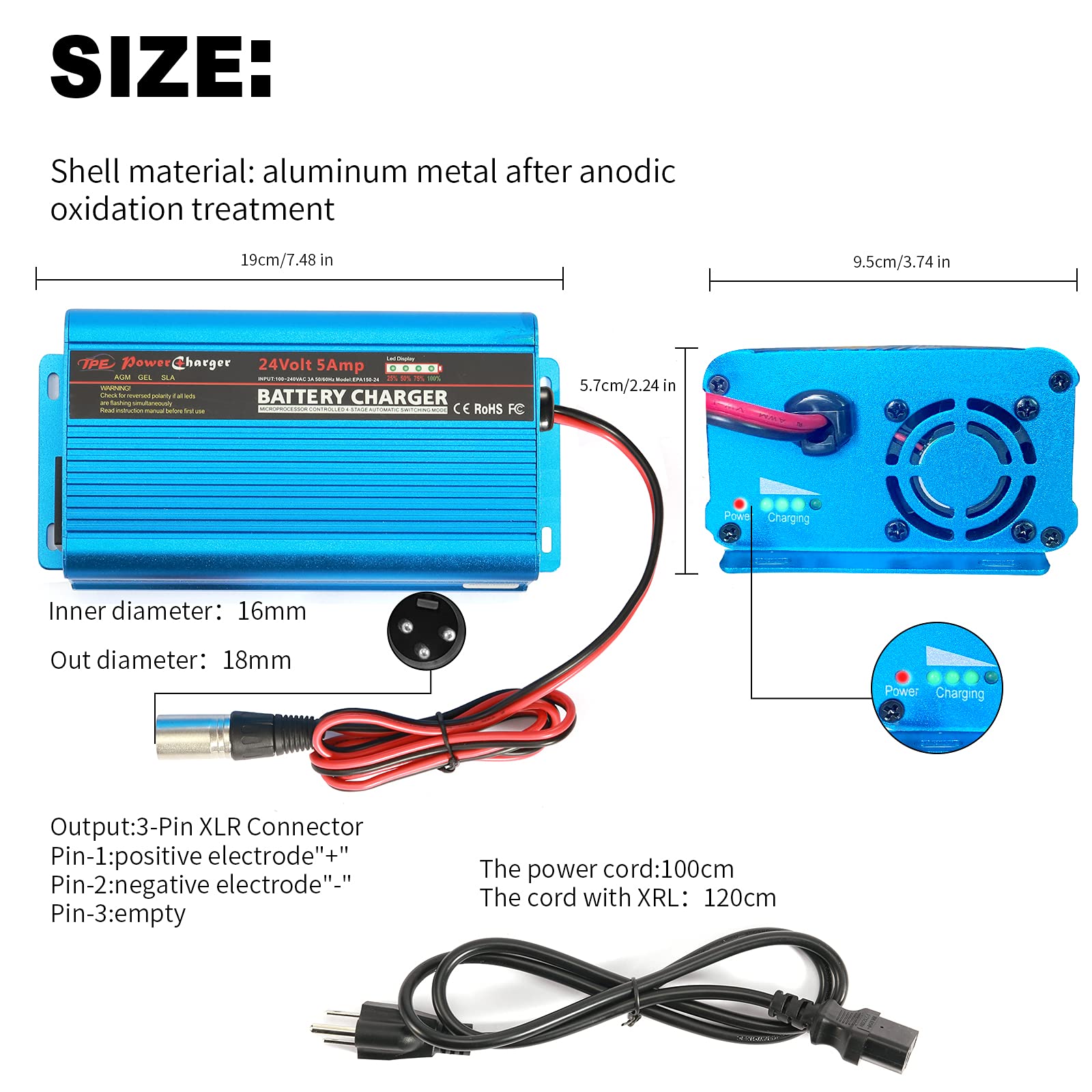 24V 5A Smart Automatic Battery Charger & Maintainer with XLR Connector - Universal for Car, Boat, Lawn Mower, Marine, Scooter, Wheelchair, Motorcycle, eBike - Perfect for Home, Garage & Outdoor Use