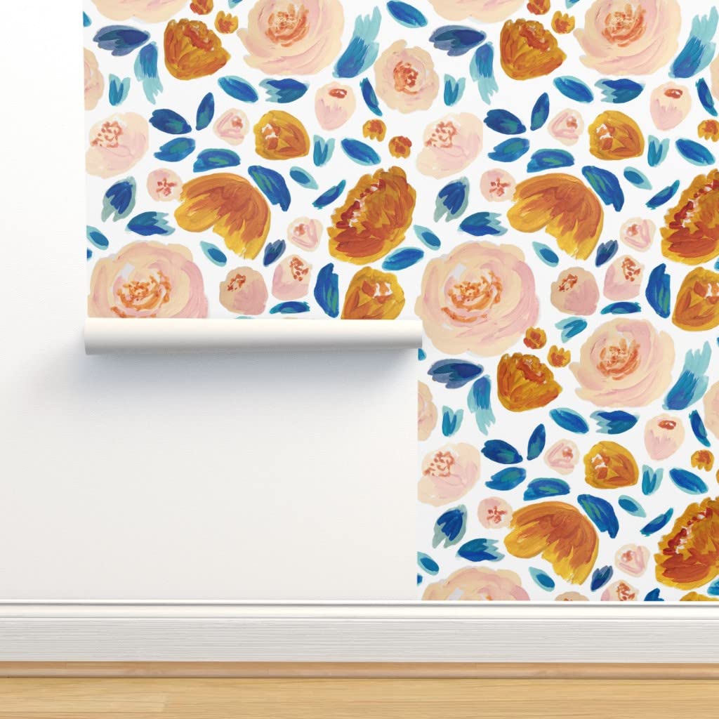 Peel & Stick Removable Wallpaper 9ft x 2ft - Bloom Golden Blossom Pink Gold Fall Autumn Yellow Floral Pattern | Self-Adhesive Wallpaper for Bedroom, Living Room, Nursery & Office Decor | Easy DIY Home Improvement