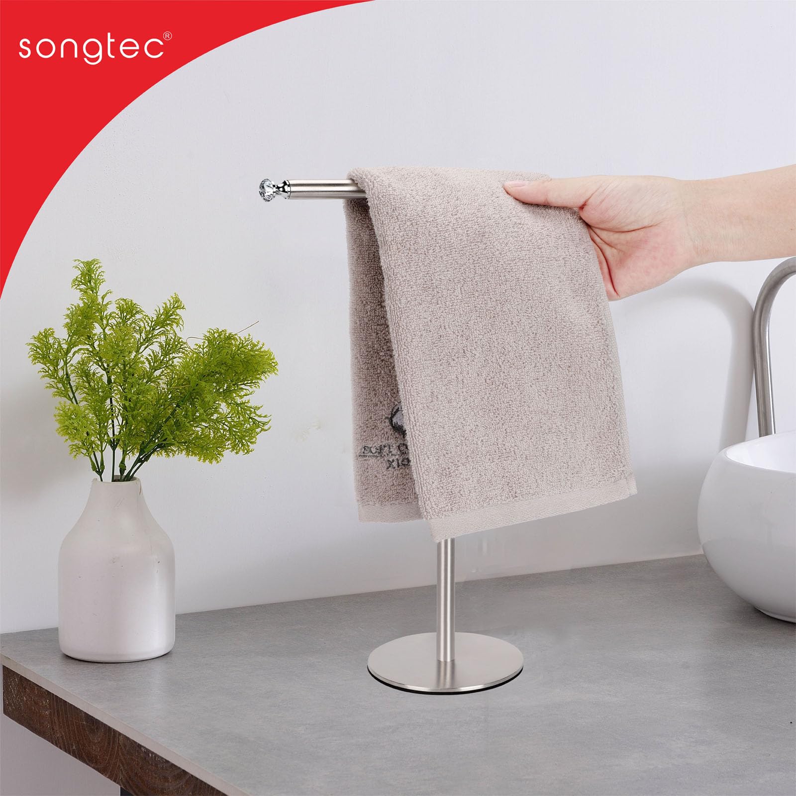 Songtec Hand Towel Holder Stand with Crystal Knobs - Rustproof Fingertip Towel Rack & Jewelry Display Stand in Brushed Nickel Finish - Perfect for Bathroom, Kitchen, and Vanity Organization