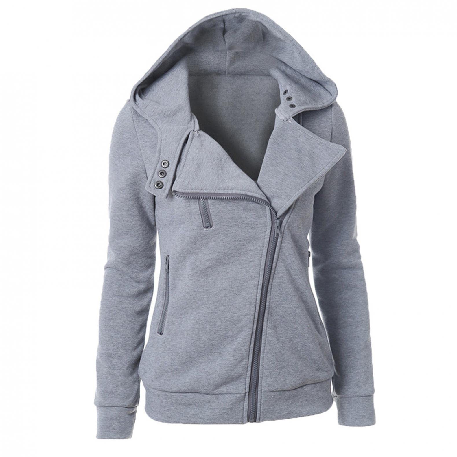 Women's Winter Zipper Hooded Coat - Long Sleeve Asymmetrical Lapel Casual Jacket & Athletic Cardigan Top for Outdoor Activities and Daily Wear