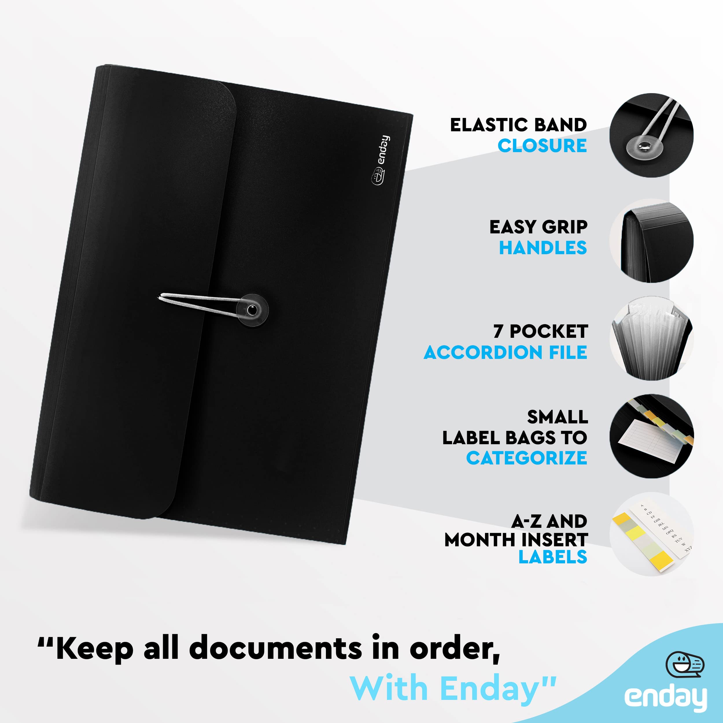 Enday 7-Pocket Accordion File Organizer - Black Plastic Expanding Folder with Labels for A4 Letter Paper, Portable Desktop Document Storage | Office, School, Home Use