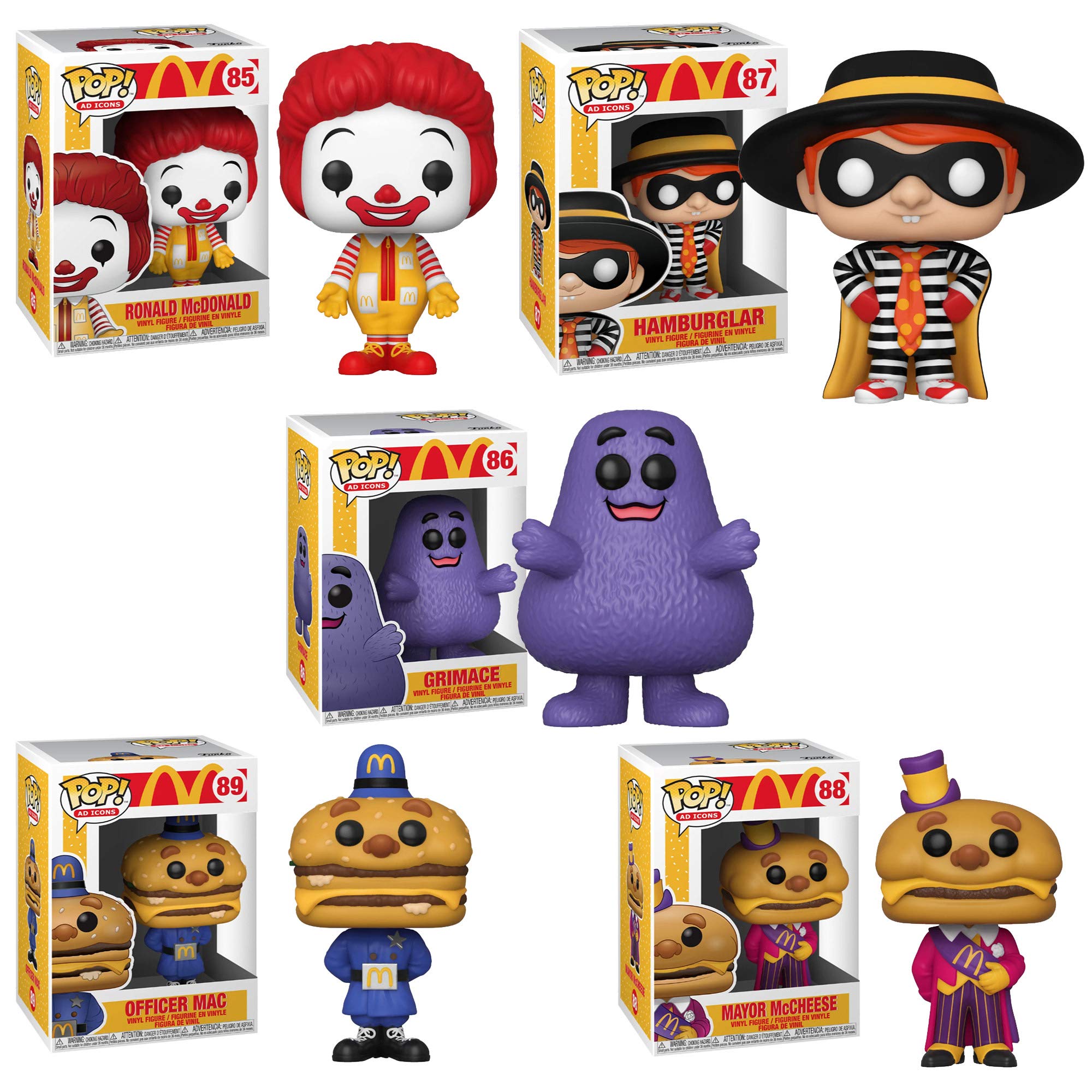 Funko Pop! Ad Icons: McDonald's 5-Piece Vinyl Figure Set - Ronald McDonald, Hamburglar, Officer Big Mac, Grimace & Mayor McCheese | Collectible Fast Food Character Toys for Display & Gifting