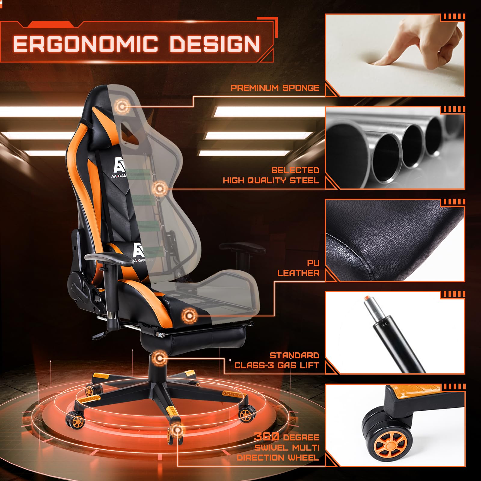 Ergonomic High Back Gaming Chair - Adjustable Racing Office Chair with Footrest & Lumbar Support - Swivel Computer Desk Chair for PC Gaming, Streaming & Home Office - Orange