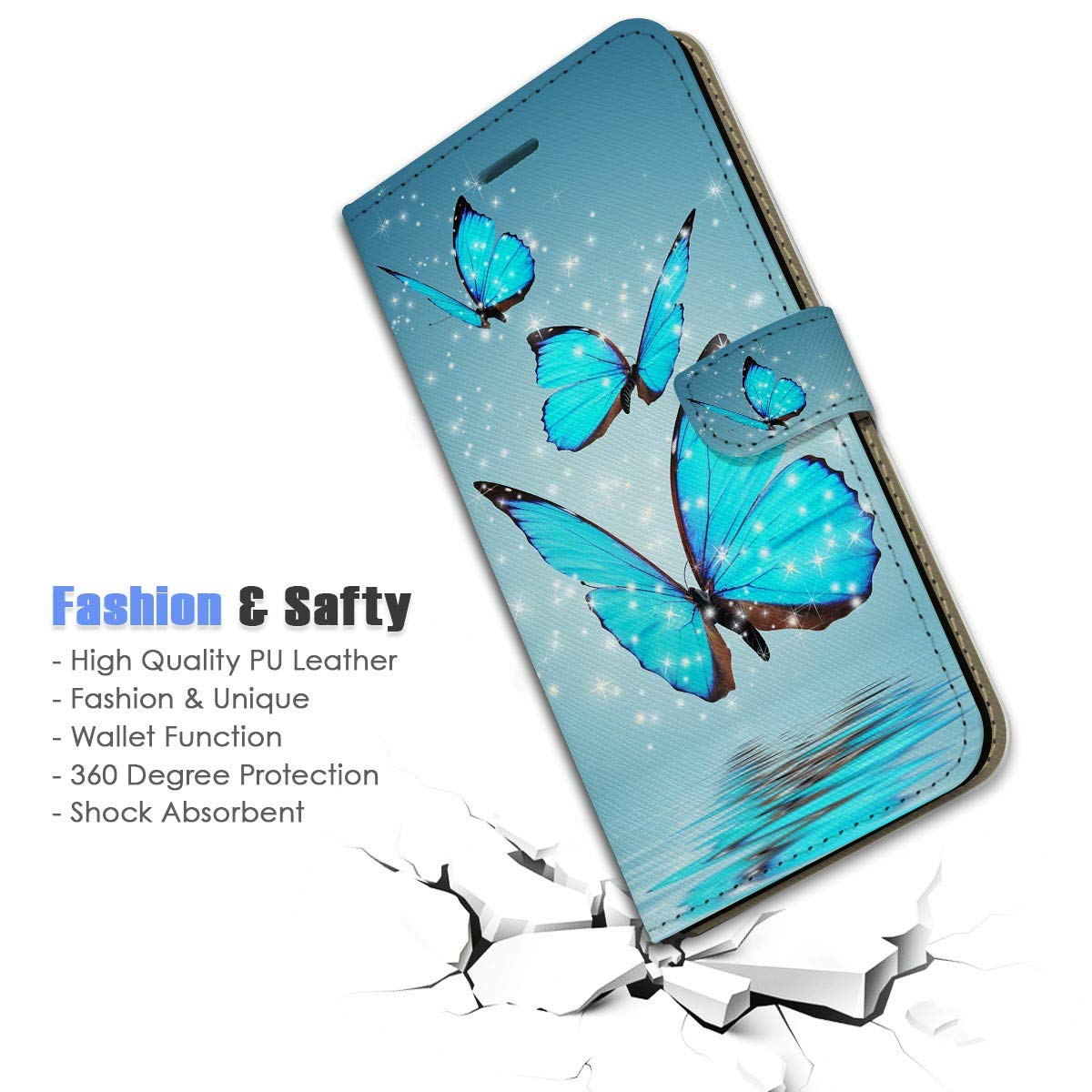 A21669 Blue Butterfly Flip Wallet Phone Case for iPhone 8/7/SE (2020) - Slim Protective Cover with Card Slots | Perfect for Everyday Use, Travel & Business Meetings