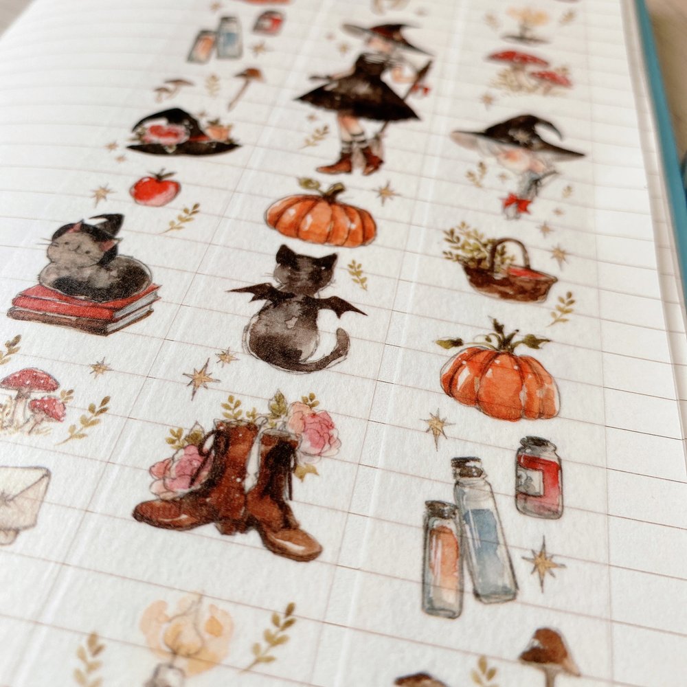 Autumn Witch Washi Tape - Decorative Japanese Paper Tape for Scrapbooking, Journaling, DIY Crafts & Halloween Decorations