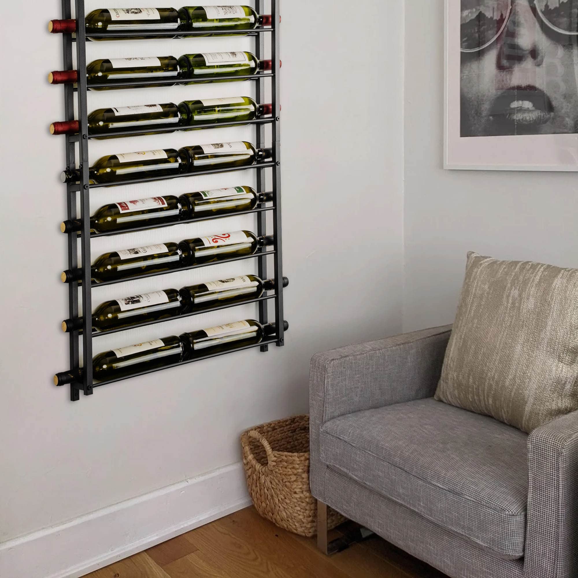 20 Bottle Wall Mounted Wine Rack - Black Hanging Wine Storage Holder for Kitchen, Bar & Dining Room Decor