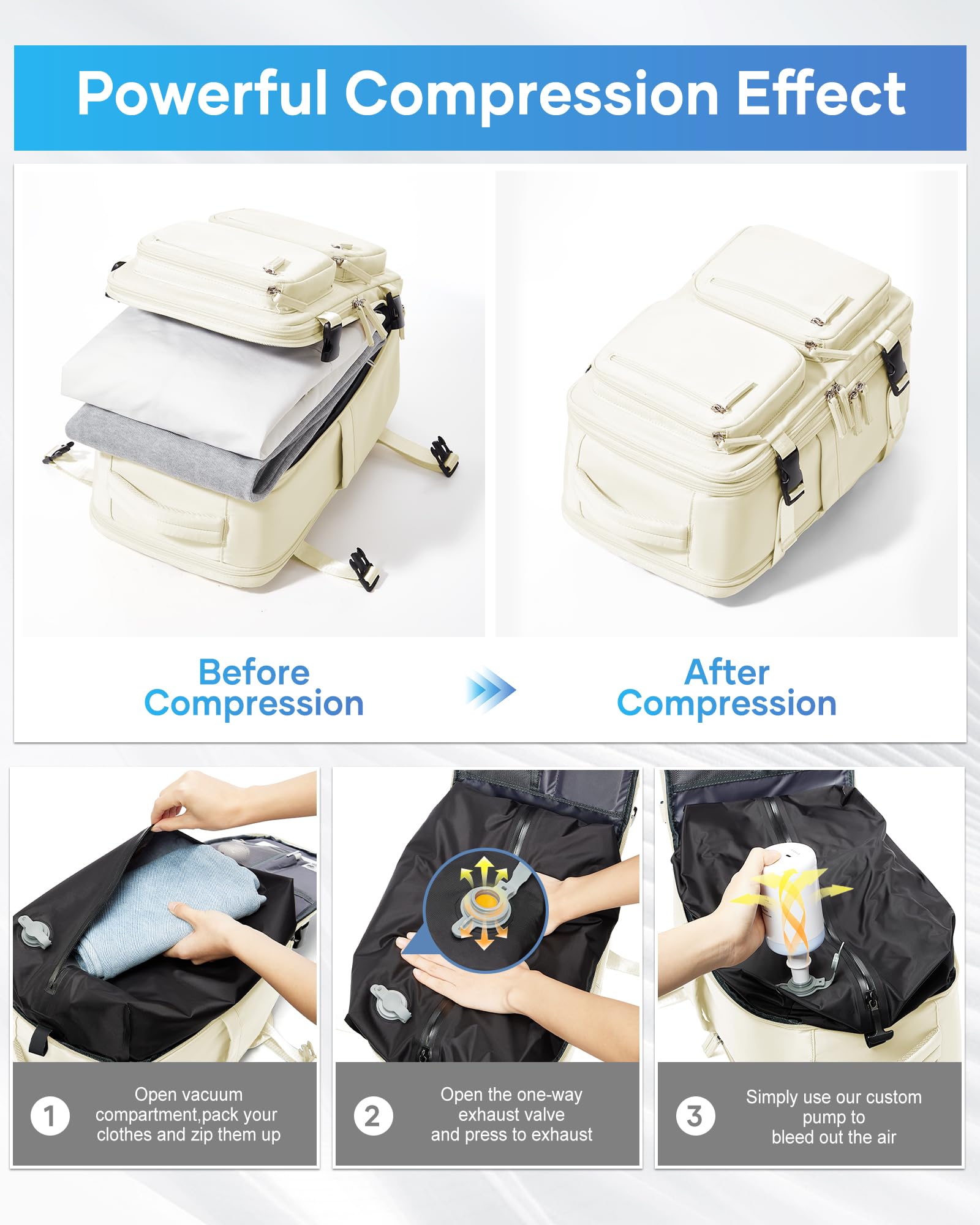 Suradar Vacuum Seal Travel Backpack with Air Pump - Compression Carry On Bag for Men & Women - TSA Approved Flight Backpack, Hiking, Work & Weekender Daypack in Beige - Perfect for Travel, Camping & Outdoor Adventures
