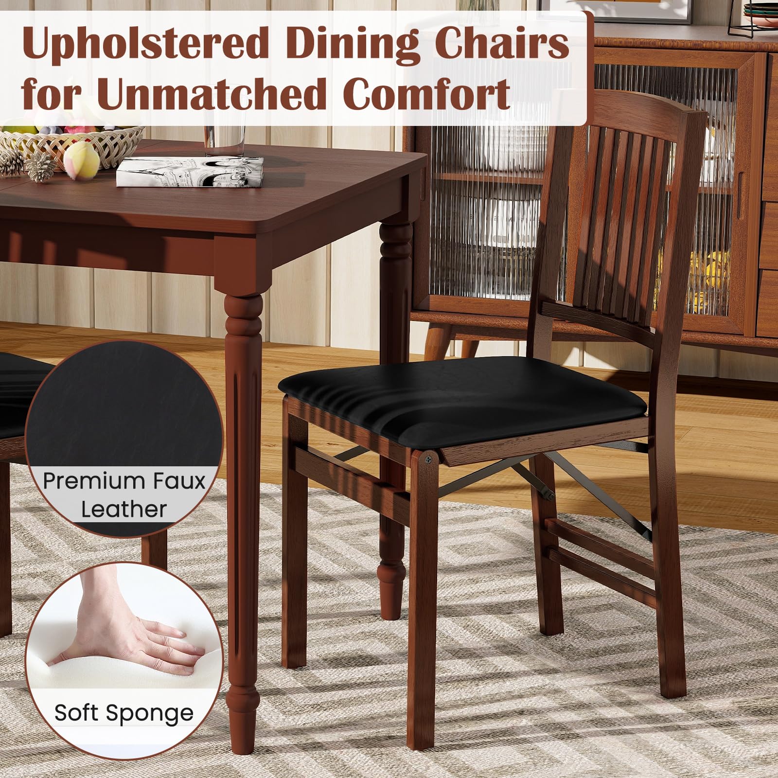 Giantex Solid Wood Folding Dining Chairs Set of 2 - 400 Lbs Capacity Foldable Kitchen Chairs with Padded Seat, No Assembly Armless Side Chairs for Small Space - Perfect for Apartments, Dining Rooms & Kitchenettes (Brown & Black)