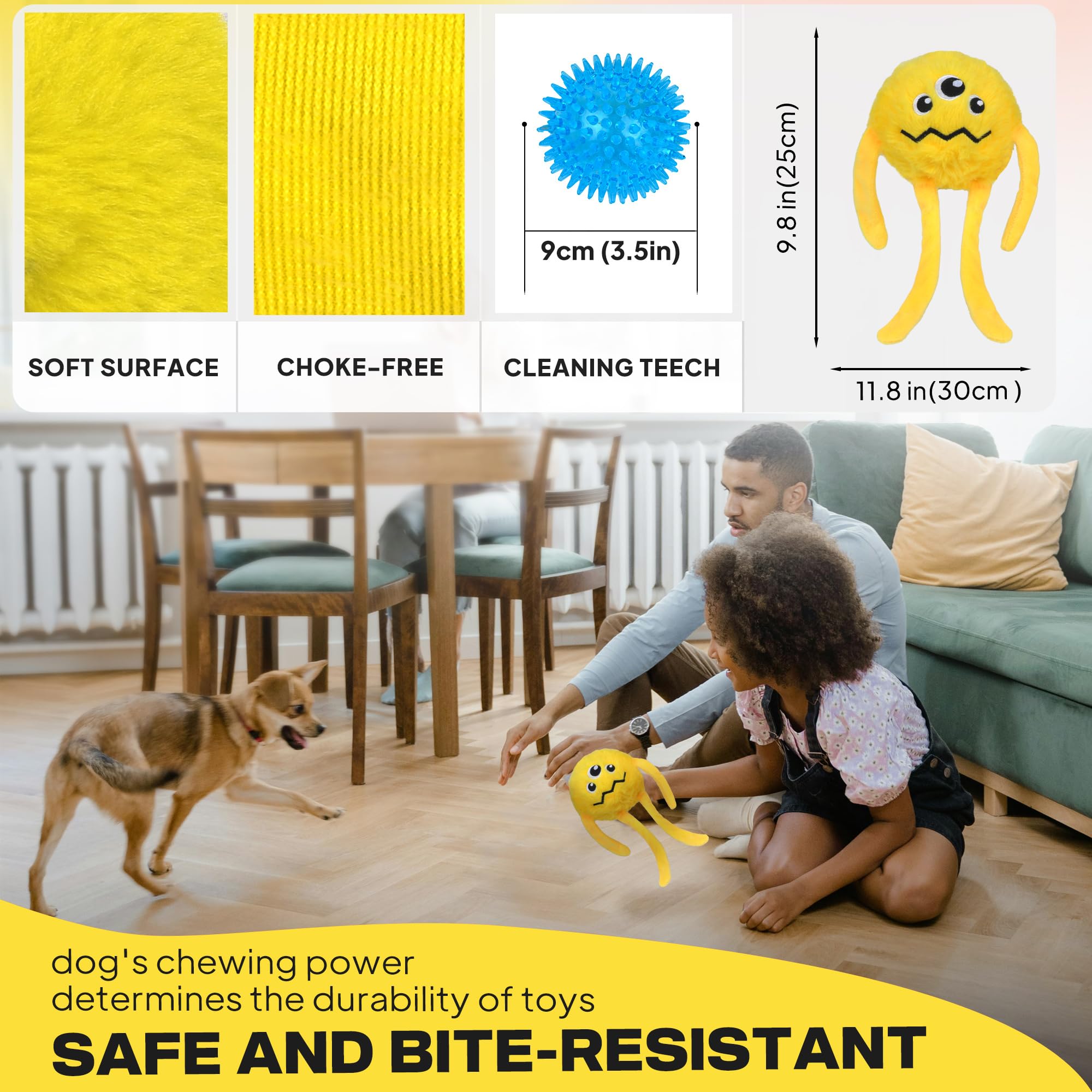 **Fida Durable 3-in-1 Dog Chew Toys for Aggressive Chewers – Squeaky, Interactive Dog Toys for Large, Medium & Small Dogs – Tough Chew Ball for Playtime, Training & Mental Stimulation (Large, Yellow)**
