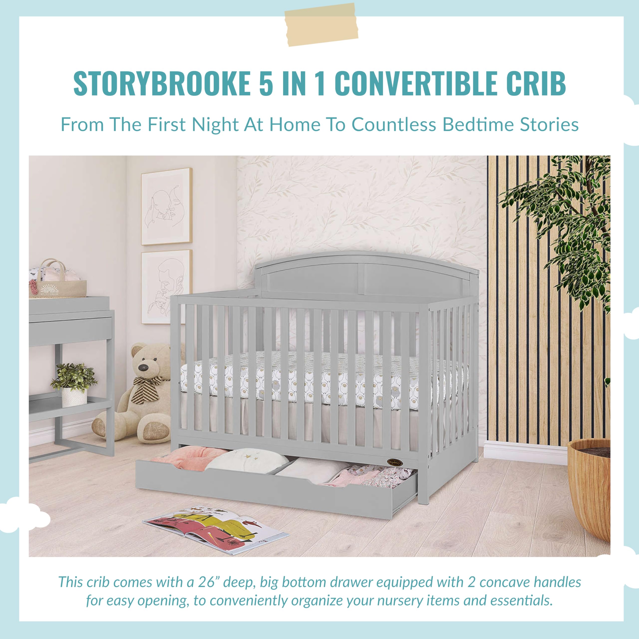 Dream On Me Storybrooke 5-in-1 Convertible Crib with Under Drawer - Pebble Grey | JPMA & Greenguard Gold Certified | Sustainable Pinewood | Non-Toxic Water-Based Paint | Nursery Furniture for Baby & Toddler Rooms | Space-Saving Design for Small Bedrooms