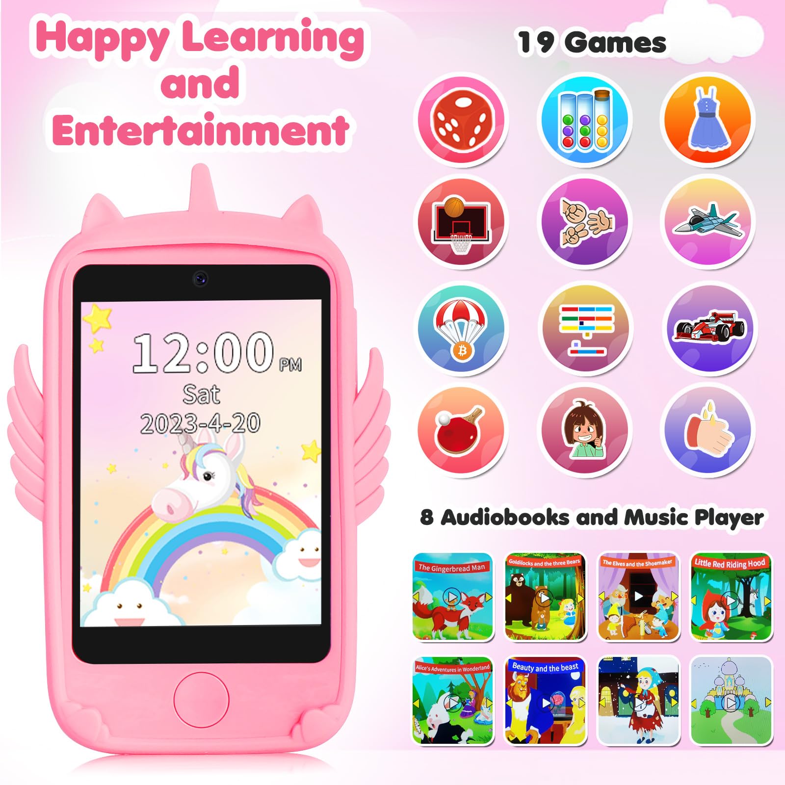 Smart Kids Phone with Touchscreen - Interactive Learning Toy for Boys & Girls Ages 3-10 | Educational Games, Fun Sounds & Lights | Perfect Christmas & Birthday Gift (Pink) - Ideal for Playtime, Travel & Early Learning Development