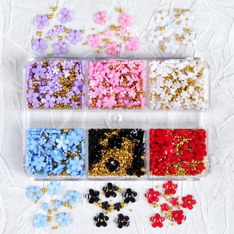 Boxed Five Petal Flower Nail Art Jewelry - 6 Piece Mixed Resin Floral Decor Set (VR7) for DIY Nails, Bridal Accessories & Craft Projects