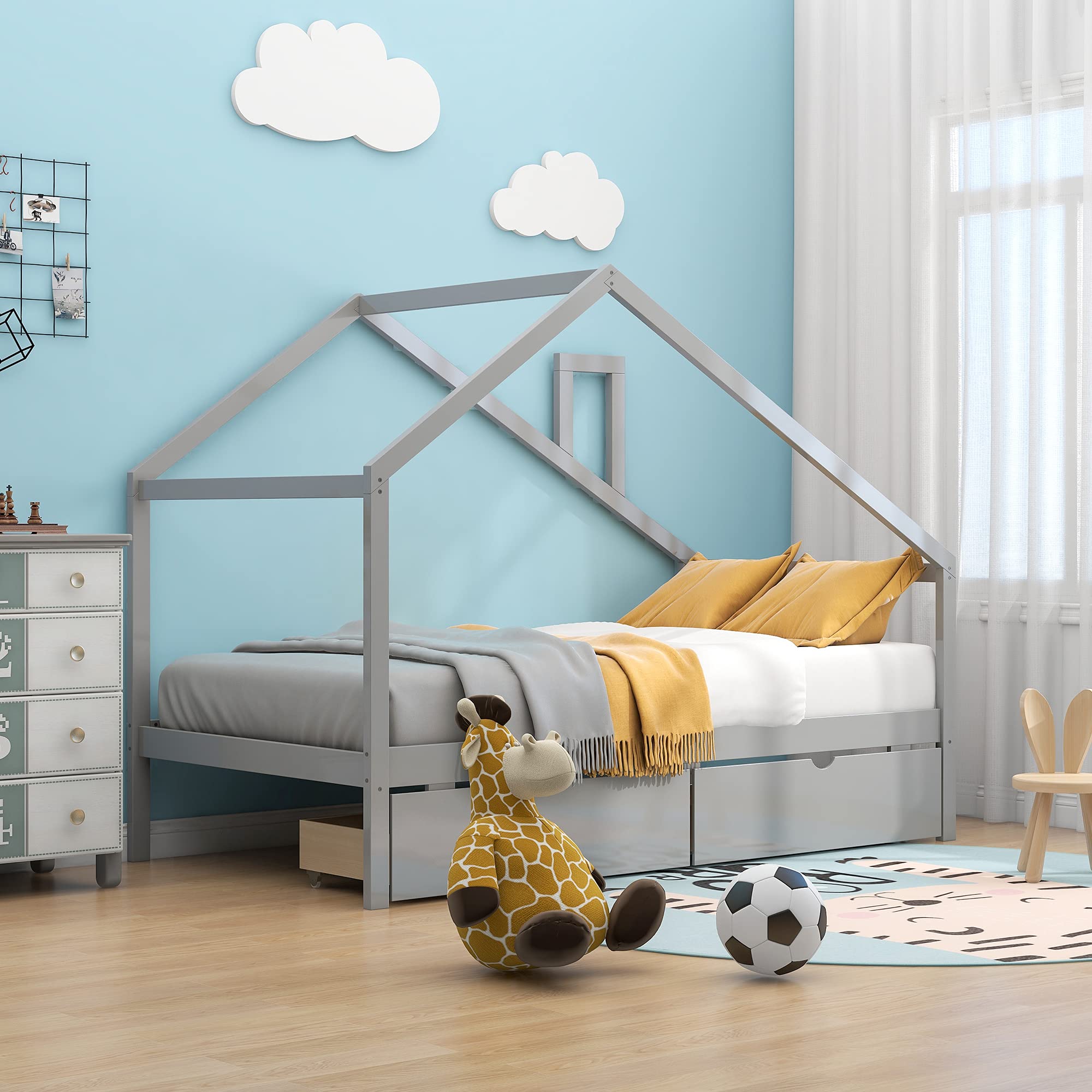 AOCOROE Wood Twin Bed Frame for Kids - House Shape Twin Size Platform Bed with Storage Drawers, Grey - Perfect for Boys & Girls Bedrooms, Small Spaces & Kids' Room Decor
