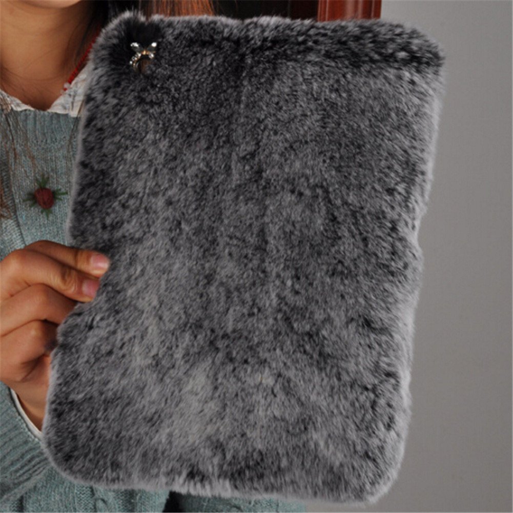 Luxury Bling Diamond Bowknot Fluffy Winter Case for iPad 6/Air 2 - Soft Beaver Rex Rabbit Fur Cover, Warm & Stylish Protection (Gray) - Perfect for Winter Travel, Home Use & Fashion Accessories