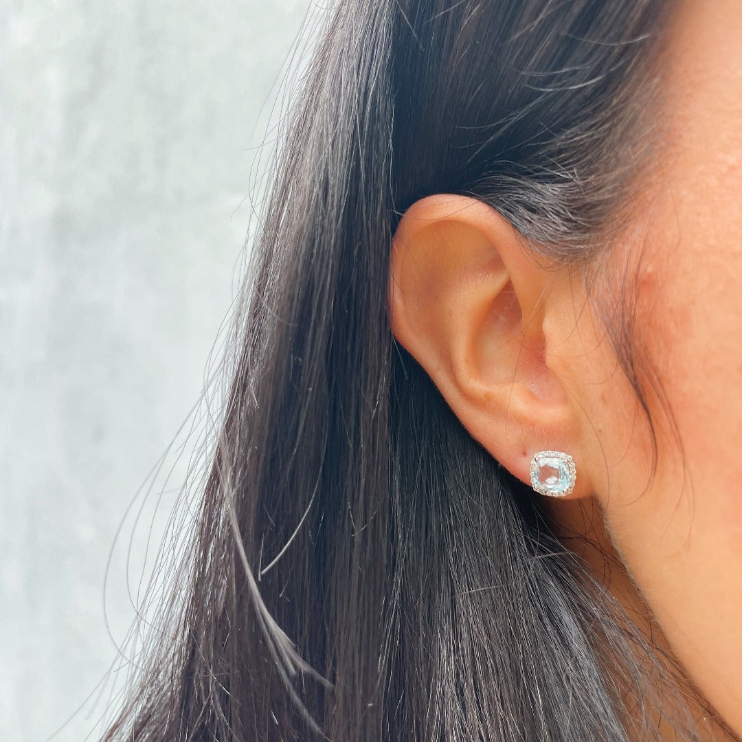 2.5ct Cushion Cut Blue Topaz and Diamond Stud Earrings in 18K White Gold - Elegant Jewelry for Women, Perfect for Weddings, Parties & Special Occasions