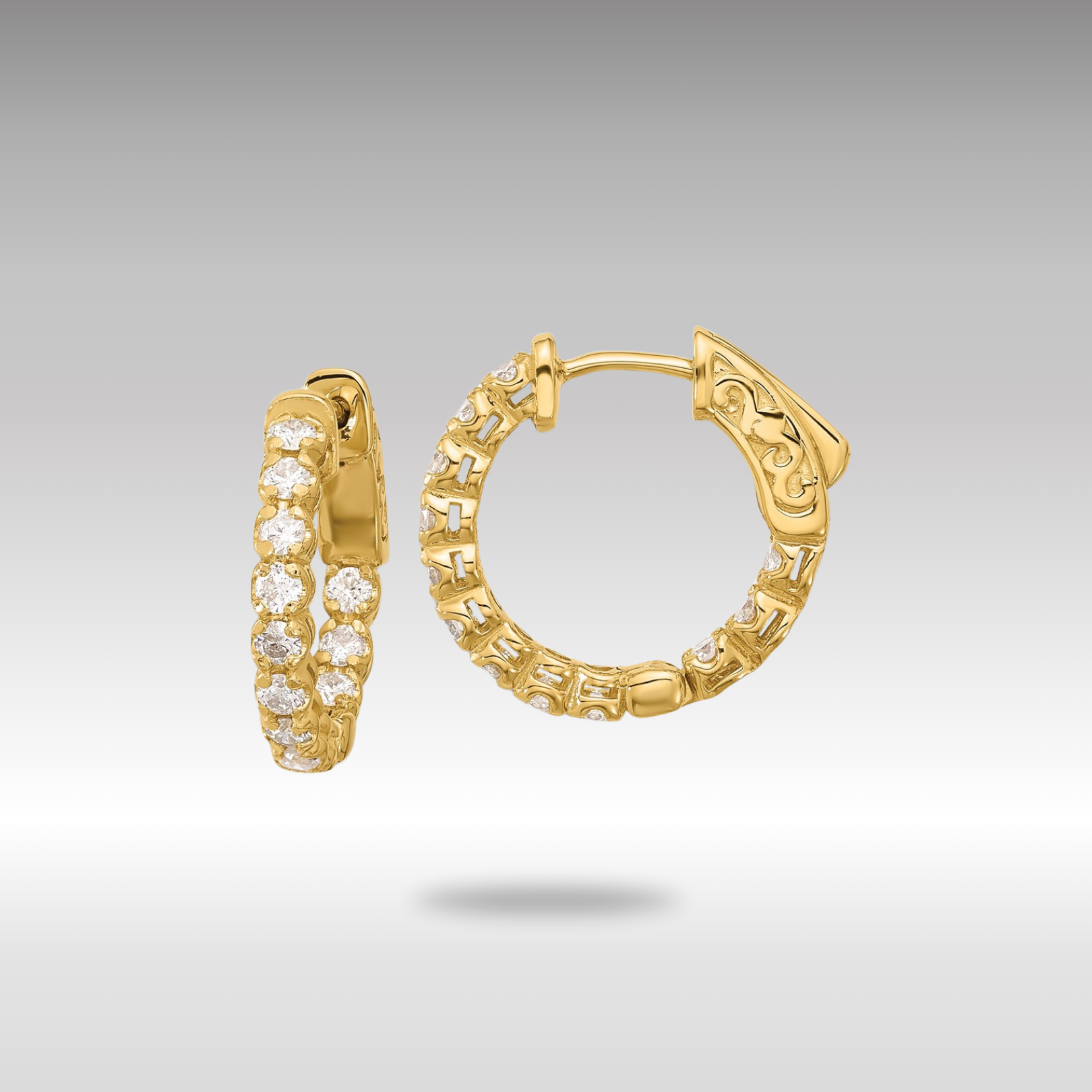 0.84ct Gold Diamond Hoop Earrings 24K 2.0mm In/Out Design with Secure Safety Clasp - Model XE3262AA | Perfect for Weddings, Parties & Everyday Elegance
