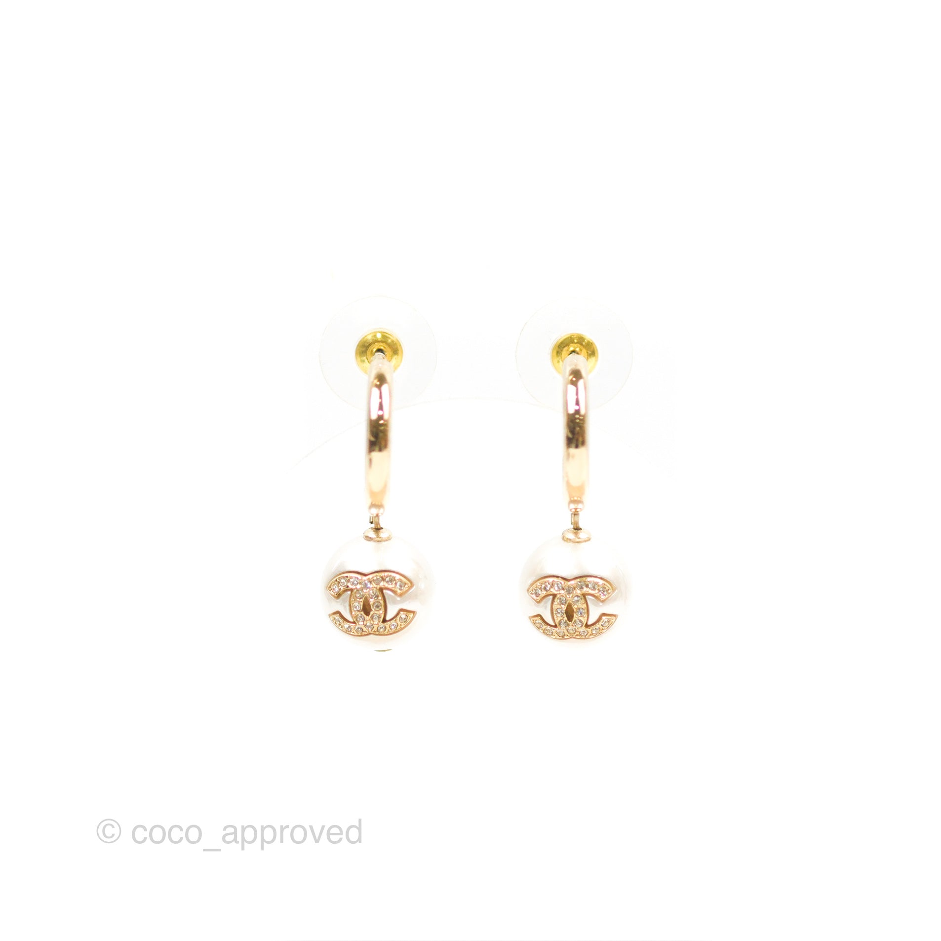 Chanel CC Crystal Pearl Drop Hoop Earrings - Gold Tone Luxury Jewelry for Women | Perfect for Parties, Weddings & Special Occasions