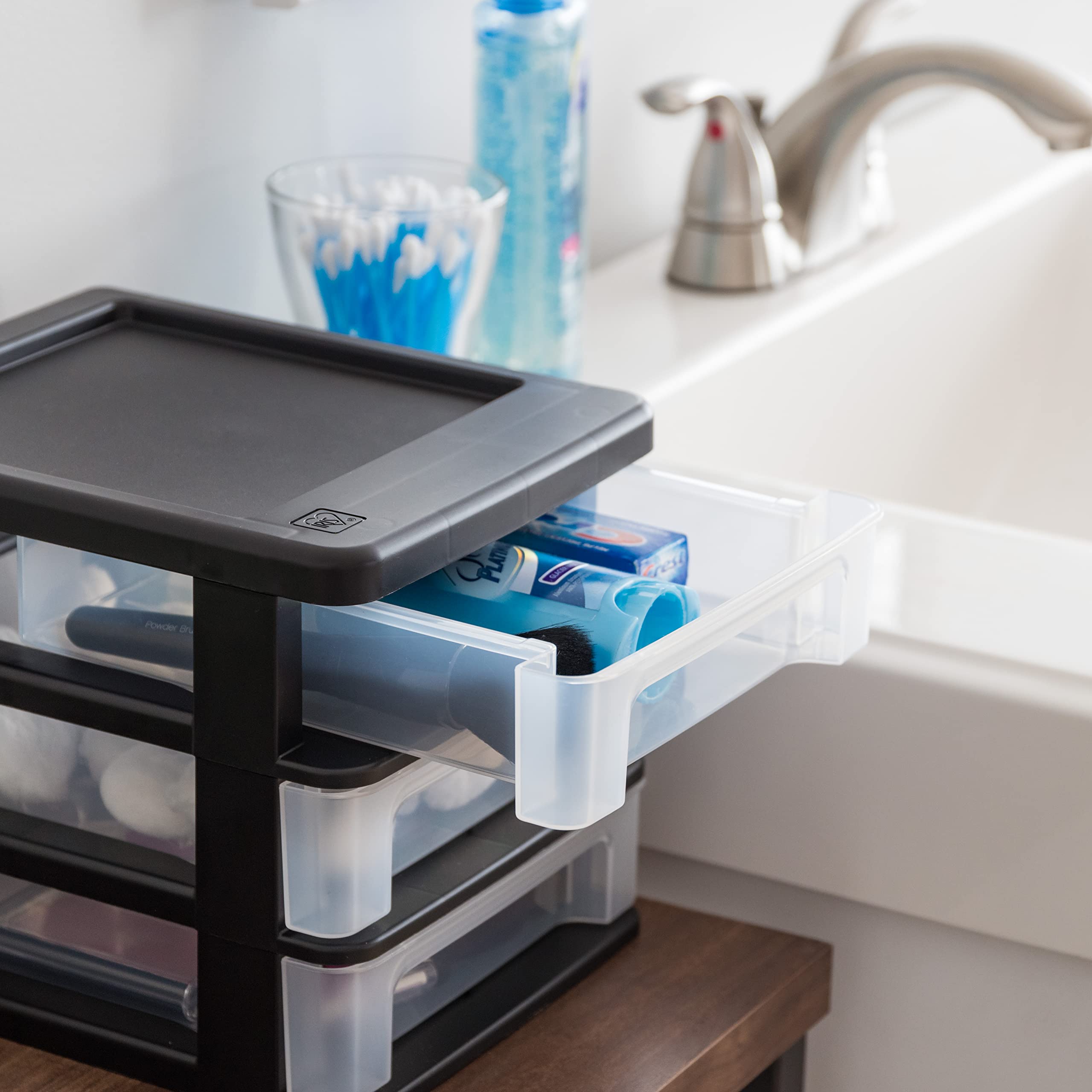 IRIS USA 3-Drawer Plastic Stacking Storage Organizer, 4-Pack - Black Small Desk Organizer for Makeup, Nail Polish, Stationery, Craft Supplies | Perfect for Bathroom, Office, Kitchen & Garage Organization