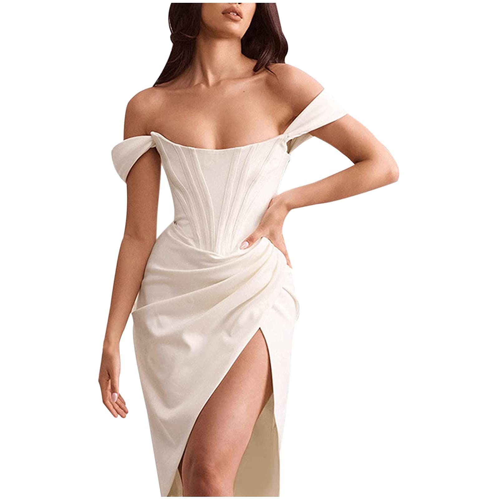 Elegant Off Shoulder Push Up Midi Tube Dress with High Slit - Women's Cocktail Party Dress for Wedding Guest, Birthday, Club & Special Occasions (White, Medium) | Perfect for Night Out, Date Night & Summer Events