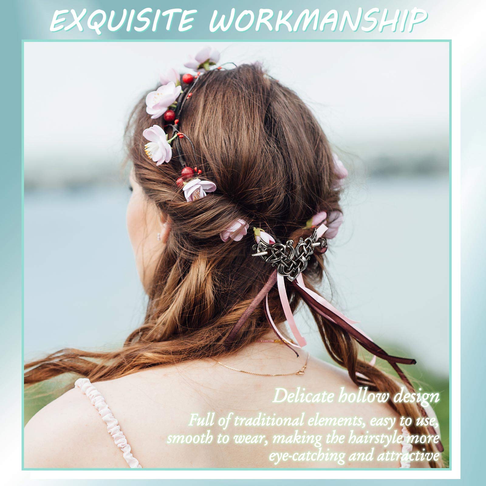 Viking Celtic Hair Clips - 2 Pack Silver Hairpins with Intricate Knot Design, Medieval Hair Accessories for Women | Perfect for Cosplay, Renaissance Fairs & Boho Hairstyles