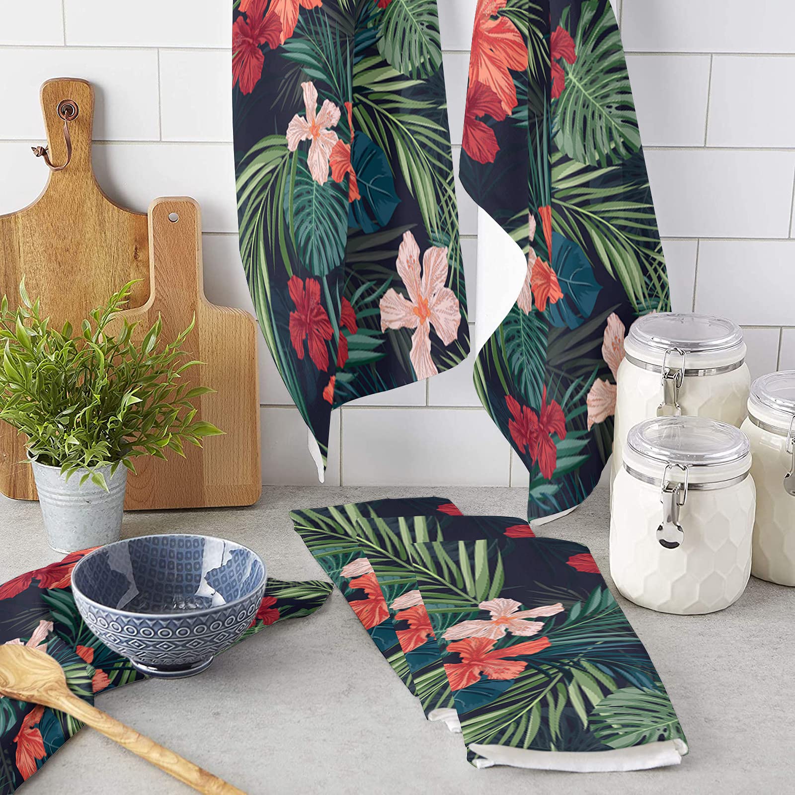 Tropical Hawaiian Flowers Leaves Kitchen Dish Towels Set of 4 - Soft Lightweight Microfiber Absorbent Hand & Tea Towels (18x28 Inch) for Kitchen, Bathroom, Dining & Party Decor